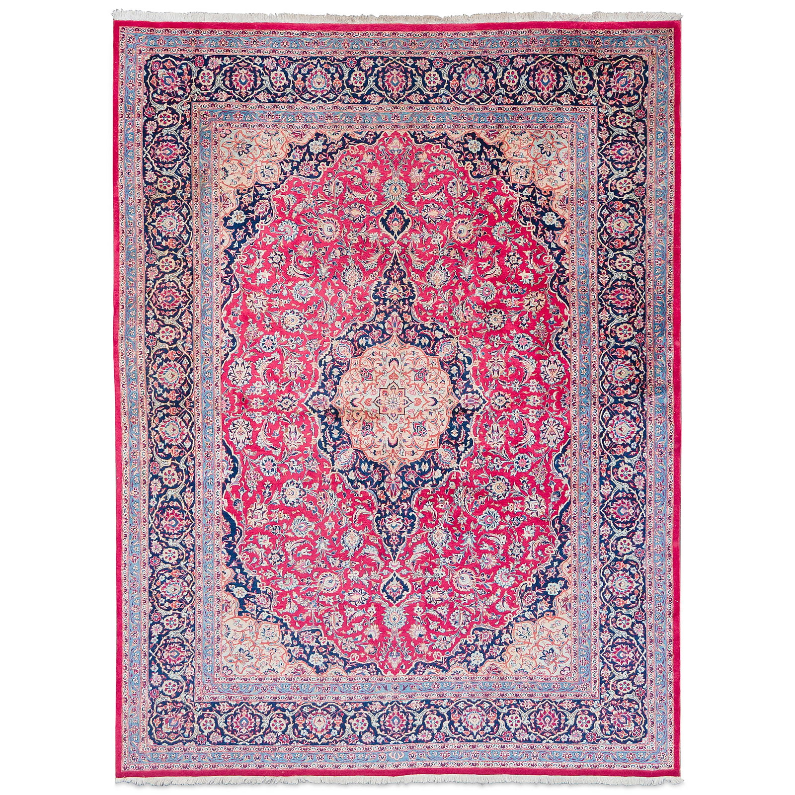 A large Kashan carpet Central Persia 293cm x 396cm.: A large Kashan carpet Central Persia The crimson Shah Abbas and saz leaf field with central indigo and ivory lozenge, within a multi Shah Abbas and Mina Khani border, 293cm x 396cm. Footno