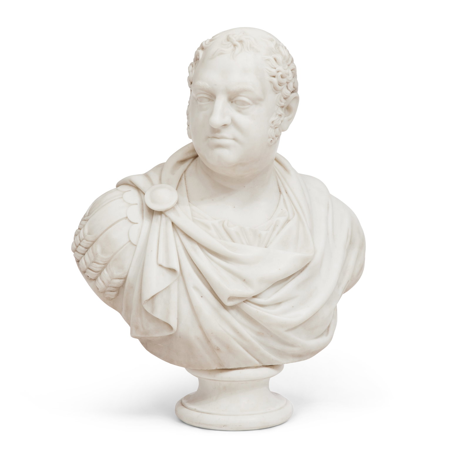 An Carrara marble bust of Prince Frederick, Duke of York in Classical dress Mid-19th century, a...: An Carrara marble bust of Prince Frederick, Duke of York in Classical dress Mid-19th century, after Joseph Nollekens Looking to dexter on a turned circular socle, unsigned, 58cm wide, 27cm deep, 69cm 