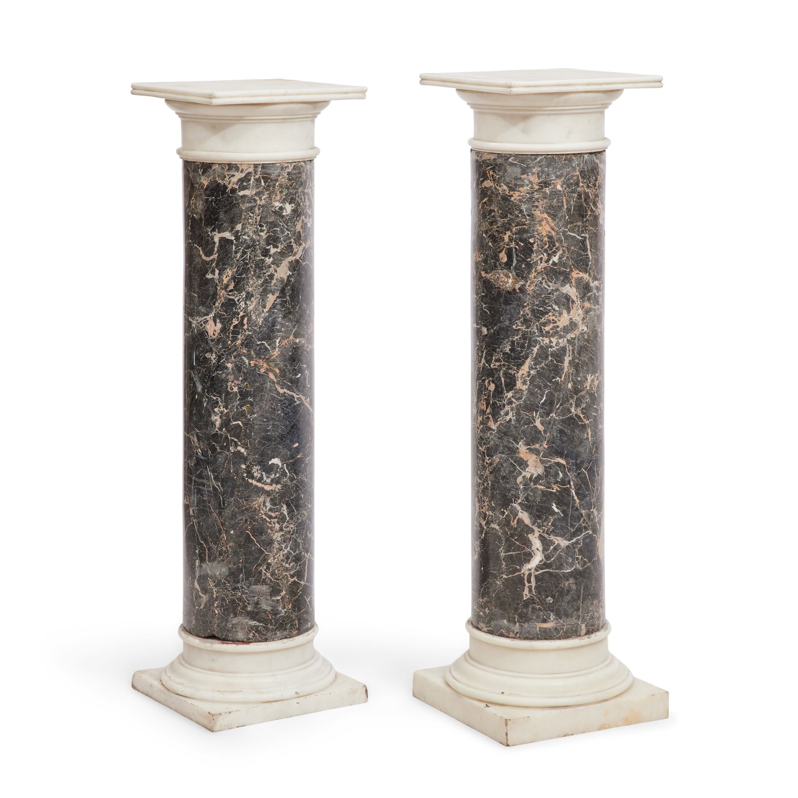 A pair of Portoro marble columns Italian, second quarter 19th century (2): A pair of Portoro marble columns Italian, second quarter 19th century Each with turned white marble capitals and bases and square plinths, 32cm wide, 32cm deep, 110cm high (12 1/2in wide, 12 1/2in dee