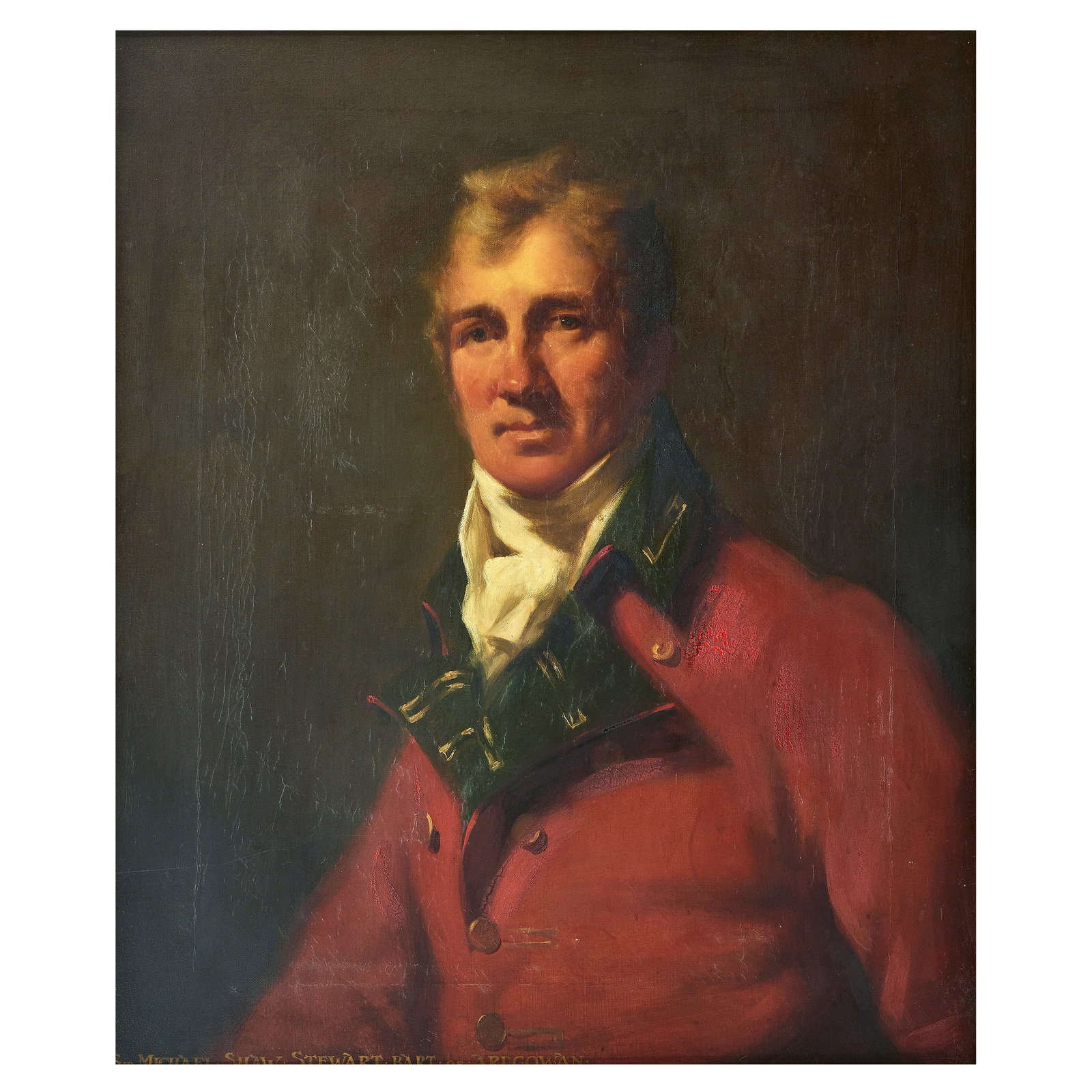 After Sir Henry Raeburn RA, (Stockbridge 1756-1823 Edinburgh) Portrait of Sir Michael Shaw Stewa...: After Sir Henry Raeburn RA (Stockbridge 1756-1823 Edinburgh) Portrait of Sir Michael Shaw Stewart, 5th Bt. of Ardgowan (1766-1825), half length, in the Caledonian Hunt scarlet coat with green collars 