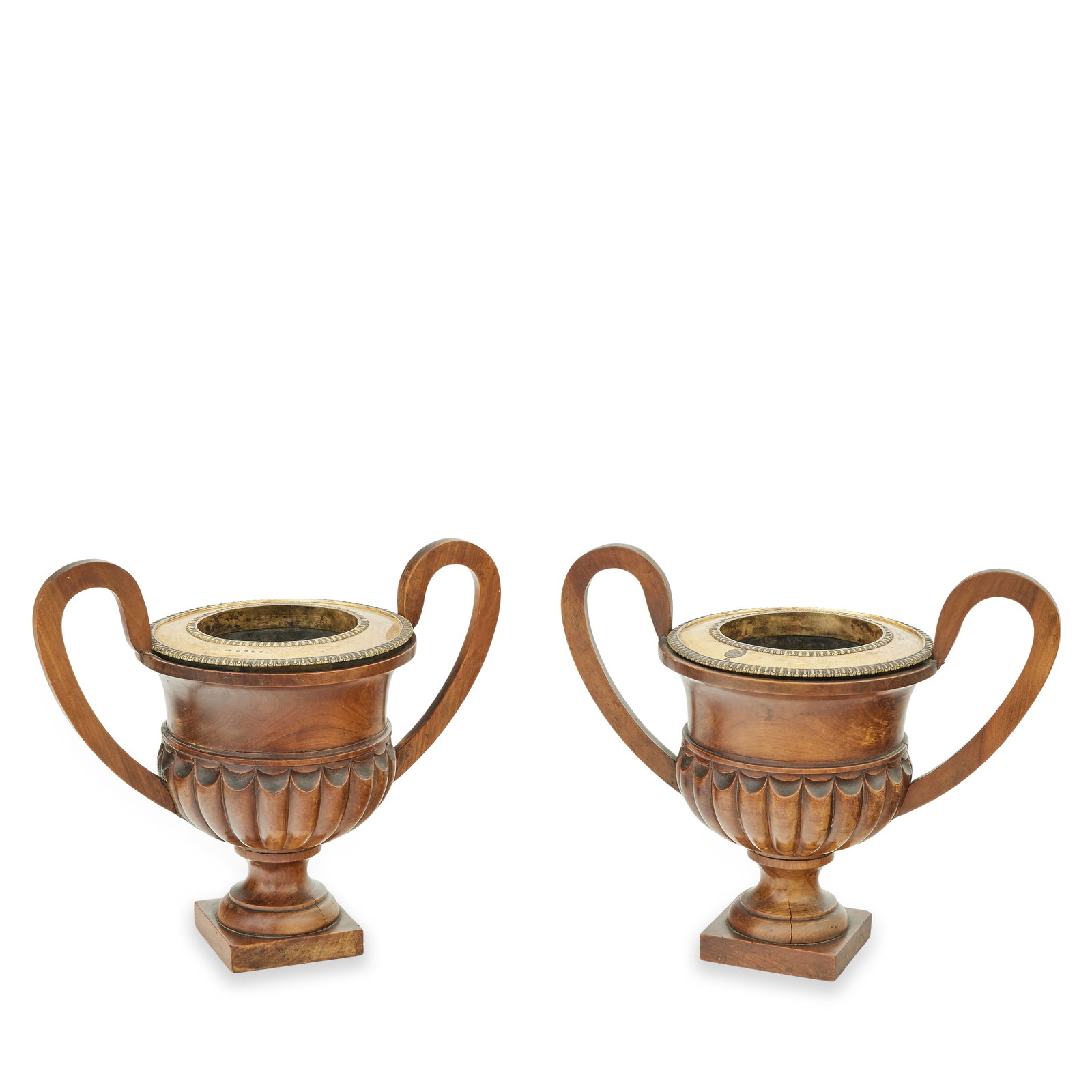 A pair of George III mahogany and silver gilt wine coolers The silver gilt rims, George Fenwick...: A pair of George III mahogany and silver gilt wine coolers The silver gilt rims, George Fenwick, Edinburgh, 1813 Of urn form, the silver gilt rims engraved with the Maxwell crest above a zinc liner, w