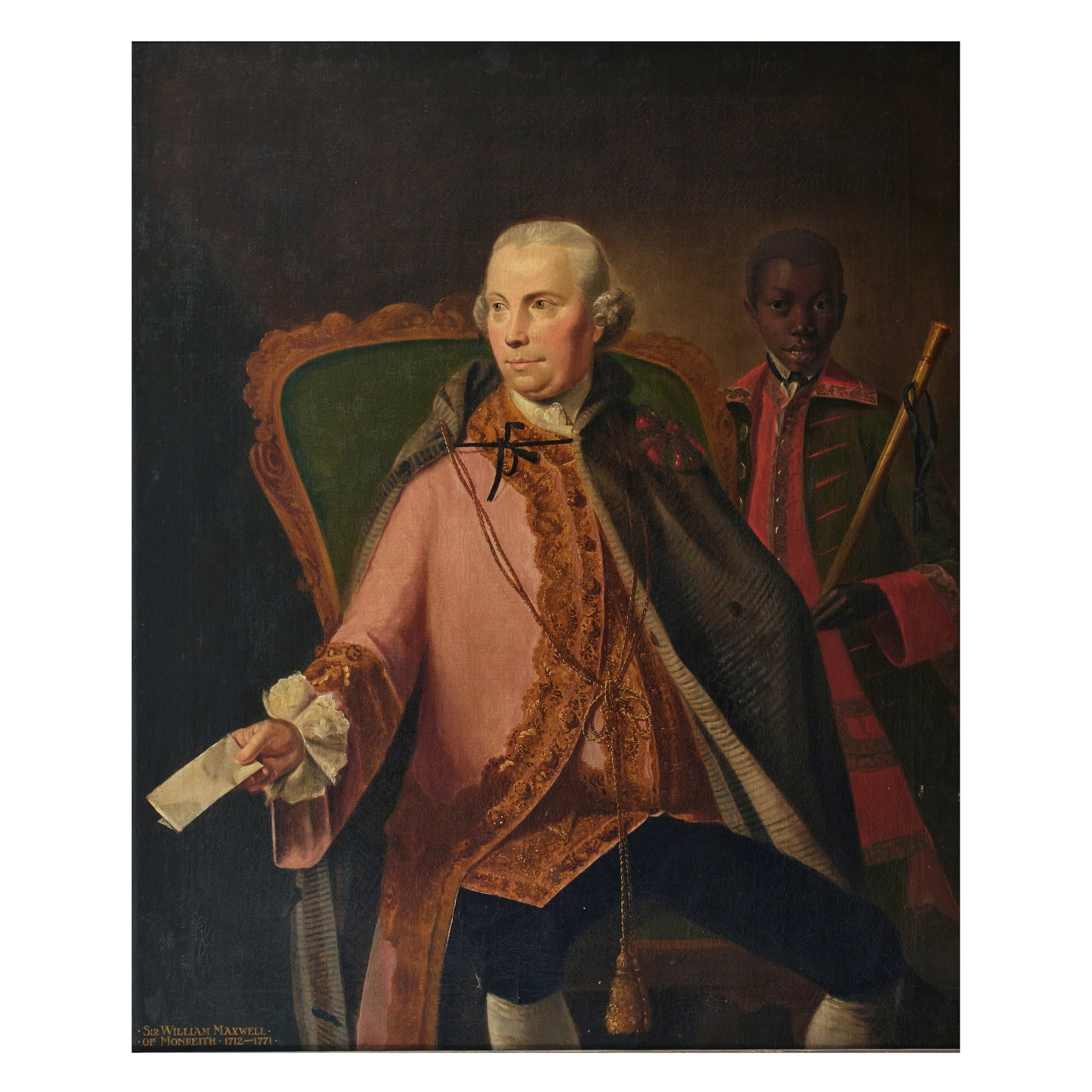 Robert Harvie (Scottish, d.1781) Portrait of Sir William Maxwell, 3rd Bt. of Monreith (1715-1771...: Robert Harvie (Scottish, d.1781) Portrait of Sir William Maxwell, 3rd Bt. of Monreith (1715-1771), three-quarter length seated, in a pink coat and waistcoat, with a pageboy signed and dated 'R: Harvie