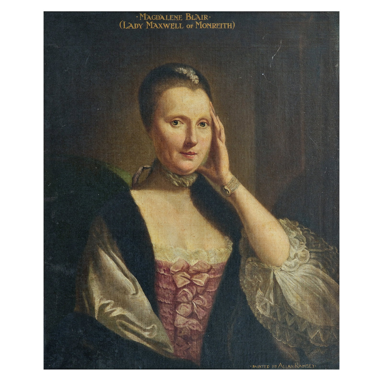 Follower of Allan Ramsay (Edinburgh 1713-1784 Dover) Portrait of Magdalene Blair, Lady Maxwell o...: Follower of Allan Ramsay (Edinburgh 1713-1784 Dover) Portrait of Magdalene Blair, Lady Maxwell of Monreith (1725-1765), half length, in a pink dress and fur stole bears inscription '.MAGDALENE BLAIR./