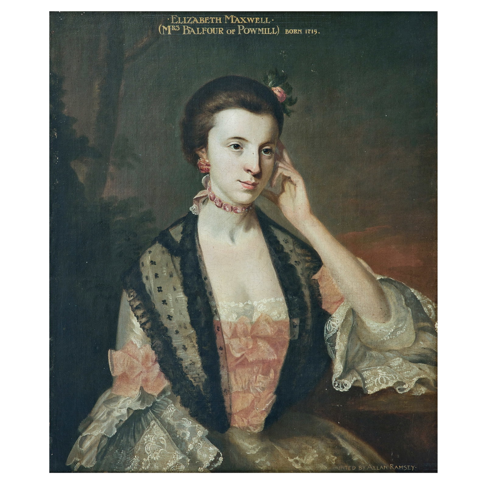 Circle of Allan Ramsay (Edinburgh 1713-1784 Dover) Portrait of Elizabeth Maxwell, later Mrs Balf...: Circle of Allan Ramsay (Edinburgh 1713-1784 Dover) Portrait of Elizabeth Maxwell, later Mrs Balfour of Powmill (b.1715), half length, in a pink dress and black shawl bears inscription '.ELIZABETH MAXW