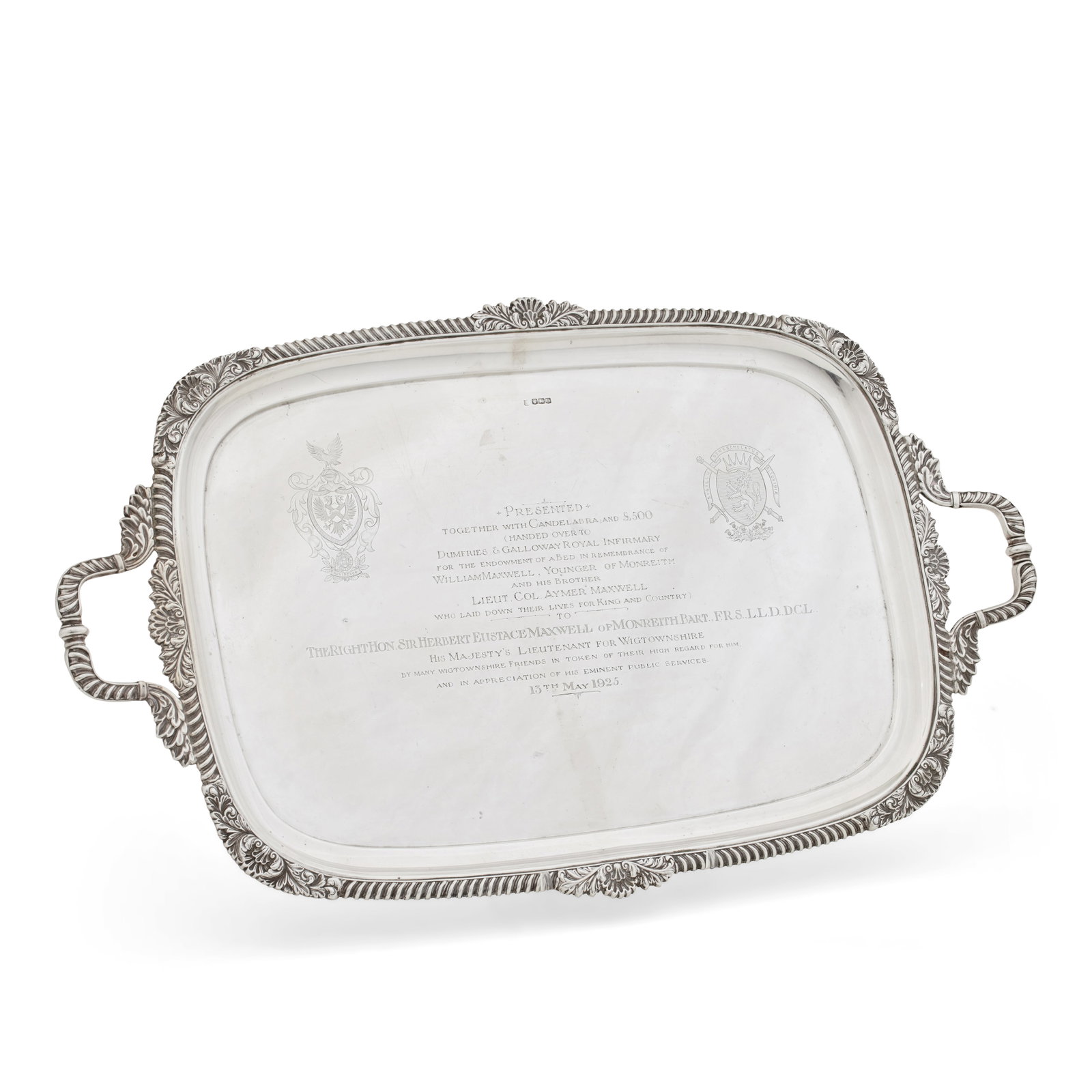 A George V silver presentation tray by James Deakin & Sons, Sheffield, 1924: A George V silver presentation tray by James Deakin & Sons, Sheffield, 1924 With gadrooned and acanthus rim and twin handles, engraved with presentation inscription: 'Presented, together with candelab