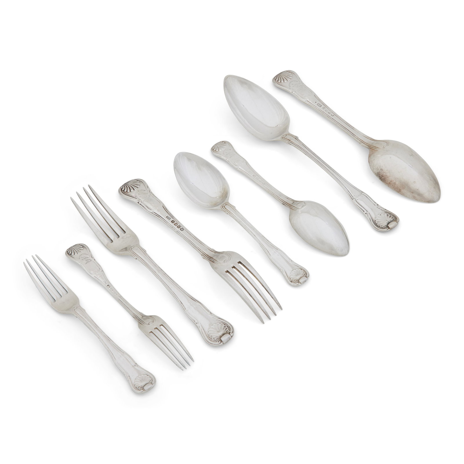 A George III silver part canteen of hourglass pattern cutlery All with maker's mark TB, London, ...: A George III silver part canteen of hourglass pattern cutlery All with maker's mark TB, London, 1807-1812 Comprising sixteen tablespoons, 1807 and 1810; thirty one table forks, 1812; twenty desert spo