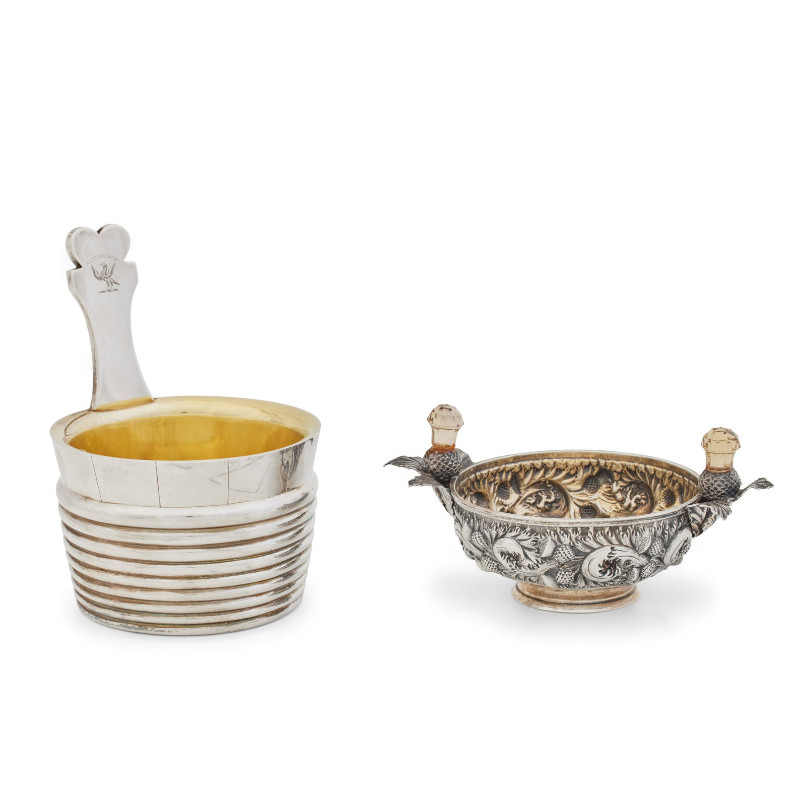 A Victorian silver quaich by Hamilton & Inches, Edinburgh 1876 (2): A Victorian silver quaich by Hamilton & Inches, Edinburgh 1876 With embossed thistle decoration and citrine set thistle handles, 16.5cm wide, together with an Edwardian silver bicker, Hamilton and Inc