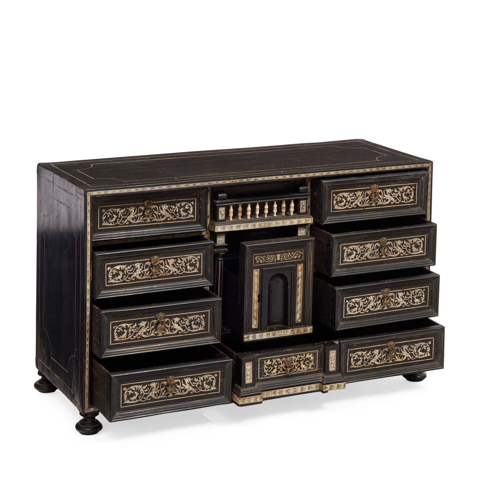 An Italian ebony, ebonised and bone stipo monetiere or table cabinet Late 17th century and later: An Italian ebony, ebonised and bone stipo monetiere or table cabinet Late 17th century and later The bone line inlaid rectangular case enclosing an arrangement of ten drawers including a central friez