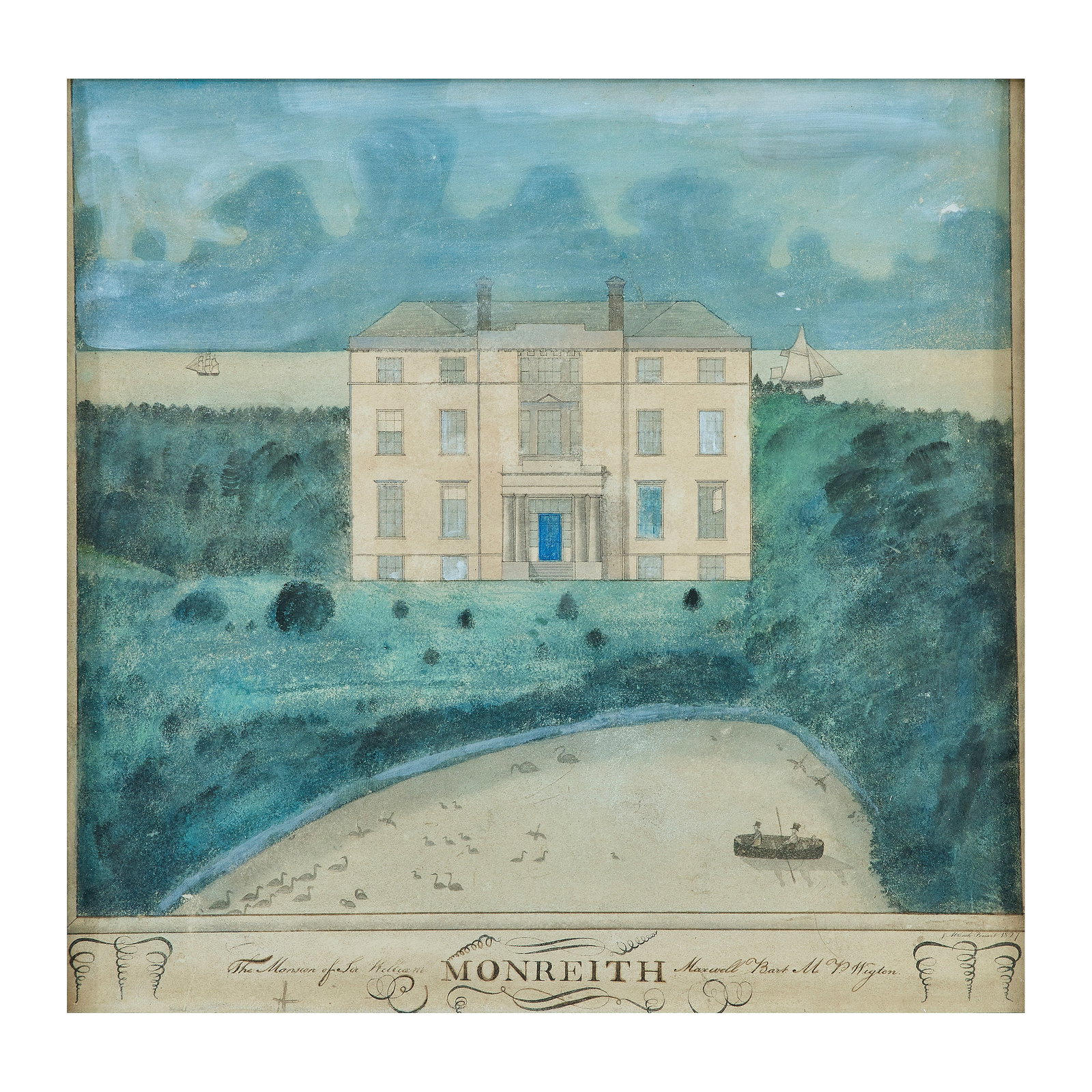 Naive School (19th century) Monreith House: Naive School (19th century) Monreith House Indistinctly signed and dated '1827' (lower right), and bears inscription 'MONREITH/The Mansion of Sir William Maxwell Bart M P Wigton' (lower centre) pastel