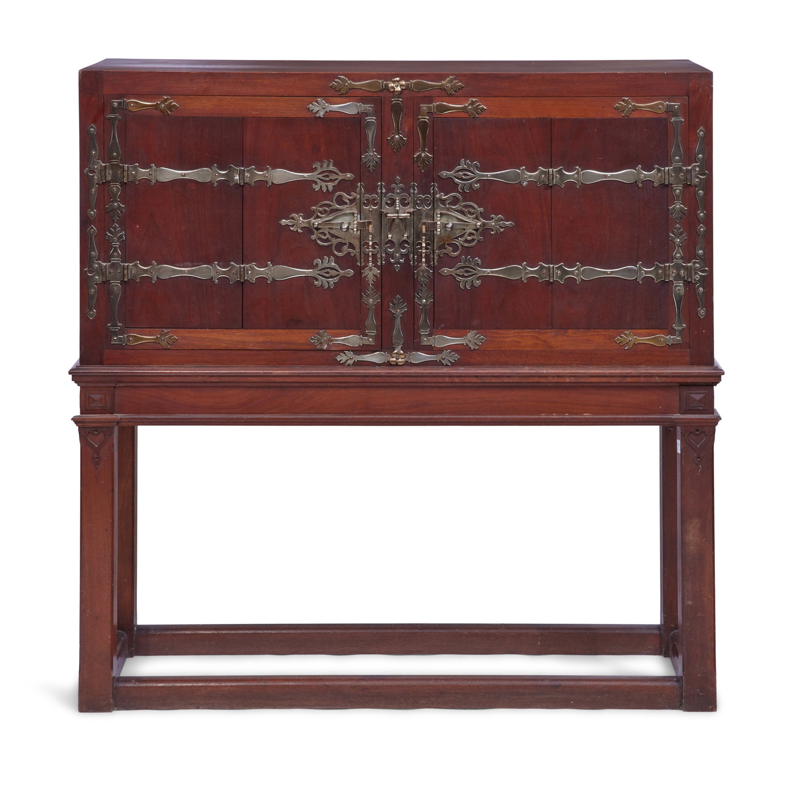A Victorian walnut and brass bound cabinet-on-stand Third quarter 19th century in the 17th centu...: A Victorian walnut and brass bound cabinet-on-stand Third quarter 19th century in the 17th century style, made by Howard & Sons The double doors with double hinged panels enclosing a void interior on 