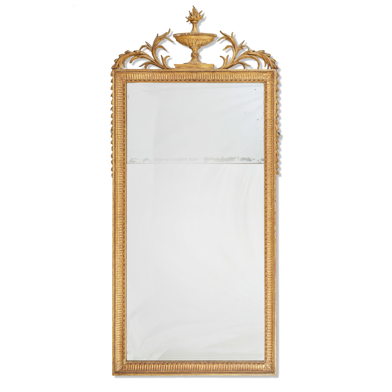 A large pair of carved giltwood and gesso pier mirrors Late 19th century in the George III style...: A large pair of carved giltwood and gesso pier mirrors Late 19th century in the George III style The divided rectangular plates surmounted by a flaming urn crest flanked by acanthus leaves, within a f