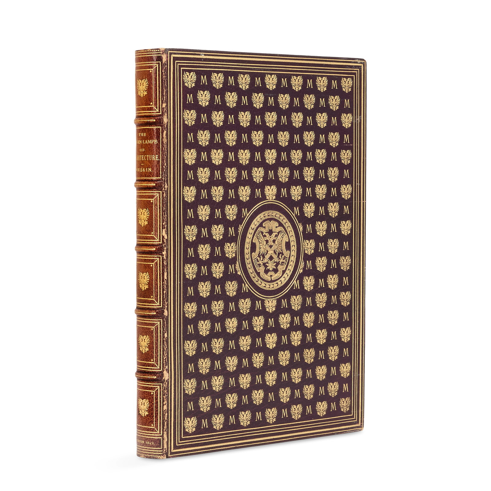 BINDING RUSKIN (JOHN) The Seven Lamps of Architecture, Smith, Elder, 1849: BINDING RUSKIN (JOHN) The Seven Lamps of Architecture, half-title, engraved plates, light toning and spotting, pencil ownership inscription on title, finely bound in purple morocco by Birdsall & Son, 