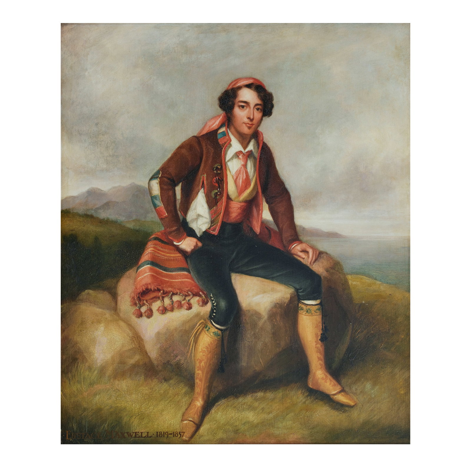 Attributed to Henry Wyndham Phillips (British, 1820-1868) Portrait of Eustace Maxwell (1819-1857...: Attributed to Henry Wyndham Phillips (British, 1820-1868) Portrait of Eustace Maxwell (1819-1857), full length, in Spanish clothing, in a coastal landscape oil on panel 49 x 40cm (19 5/16 x 15 3/4in).