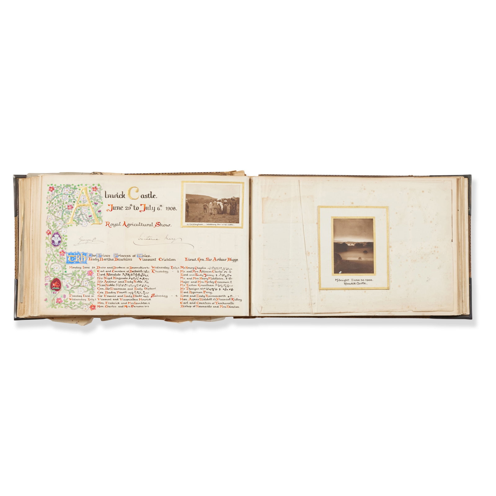 MAXWELL FAMILY - LADY MARY PERCY An illustrated album with photographs and accounts of events 19...: MAXWELL FAMILY - LADY MARY PERCY An illustrated album with photographs and accounts of events 1905-1908, includes Royal signatures, the front with entwined initials 'M P', leather with brass corners, 