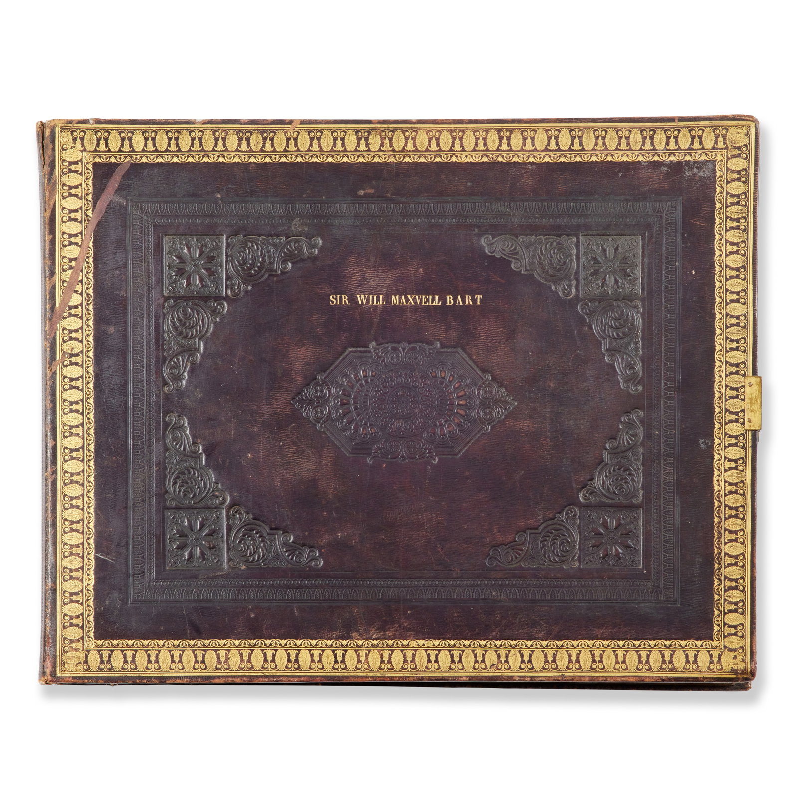 MAXWELL FAMILY - SIR WILLIAM MAXWELL, 6th BT. OF MONREITH (1804-1877) A gilt embossed folio scra...: MAXWELL FAMILY - SIR WILLIAM MAXWELL, 6th BT. OF MONREITH (1804-1877) A gilt embossed folio scrap album, inscribed 'Sir Will Maxwell Bart' with fold-out 'Panorama Des Alpes and des Rives du Lac Leman'