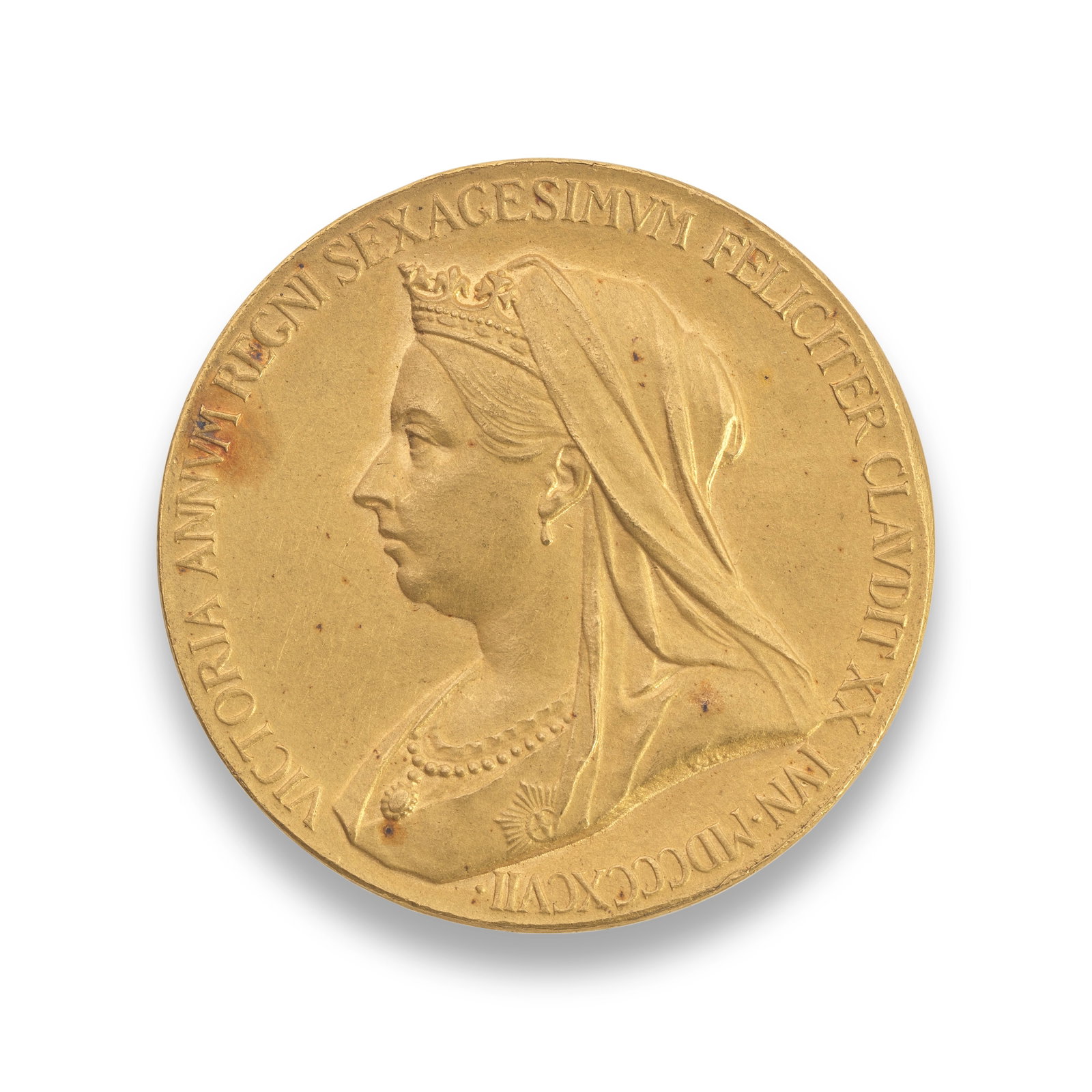 Diamond Jubilee Medal of 1897,: Diamond Jubilee Medal of 1897, Gold medal, 26mm diam., Bust left veiled and draped, VICTORIA ANNVM REGNI SEXAGESIMVM FELICITER CLAVDIT XX IVN MDCCCXCVII Rev. Young head of the Queen, left, dividing in