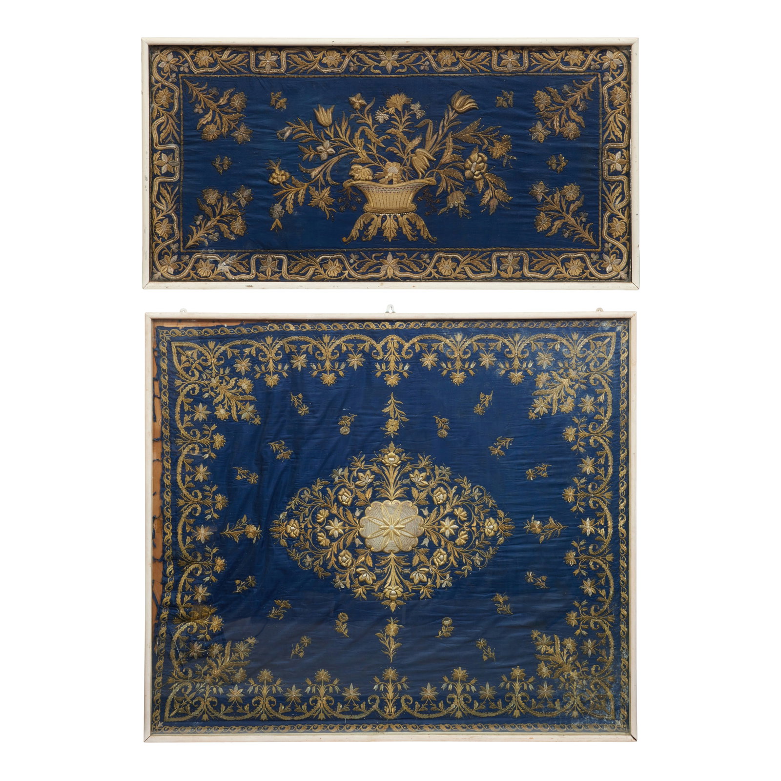 A gilt metal and silk needlework Jewish marriage canopy (chuppah) 19th century (2): A gilt metal and silk needlework Jewish marriage canopy (chuppah) 19th century Elaborately embroidered in gilt and white meatal threads on a blue silk ground, later mounted in a white painted and glaz