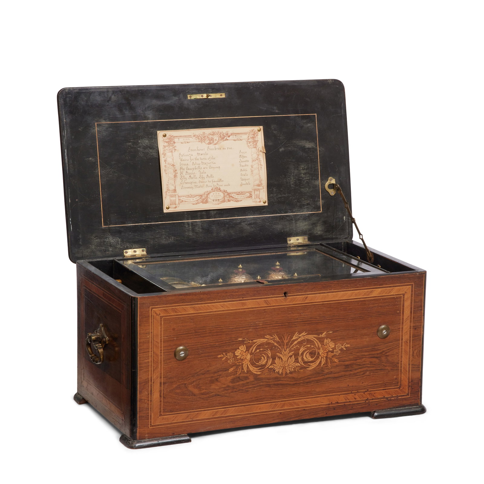 A 19th century rosewood and marquetry inlaid eight air musical box by Jaccard of St Croix: A 19th century rosewood and marquetry inlaid eight air musical box by Jaccard of St Croix With five bells in sight, plus drum and lever wind, the cylinder 27cm long, the label inscribed 'P D F St Croi