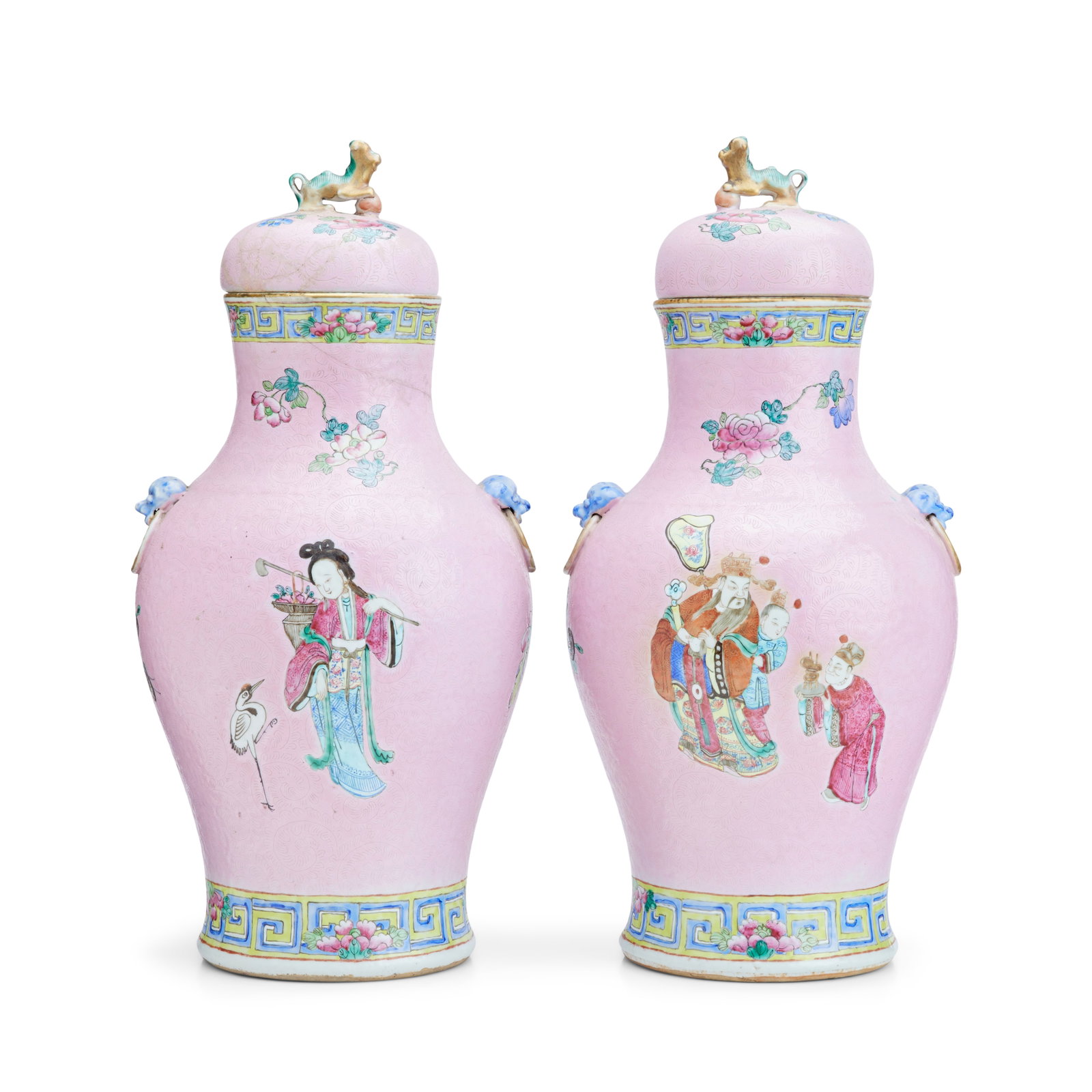 A pair of pink ground vases and covers 19th century (2): A pair of pink ground vases and covers 19th century Of baluster form, painted with courtly figures and floral sprays on a pink sgraffito ground, with lion mask and ring handles, with key pattern and f