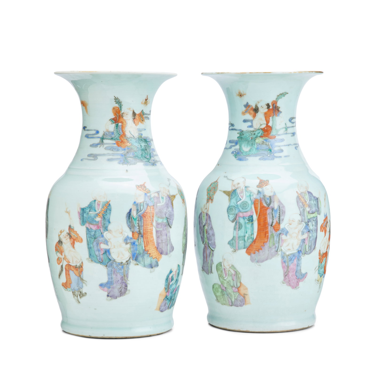 A pair of famille rose vases 19th century (2): A pair of famille rose vases 19th century Of baluster form and wide flaring rim, decorated with Buddhist figures and Luohans, apocryphal Hongwu red seal mark. 33cm high (2). For further information on