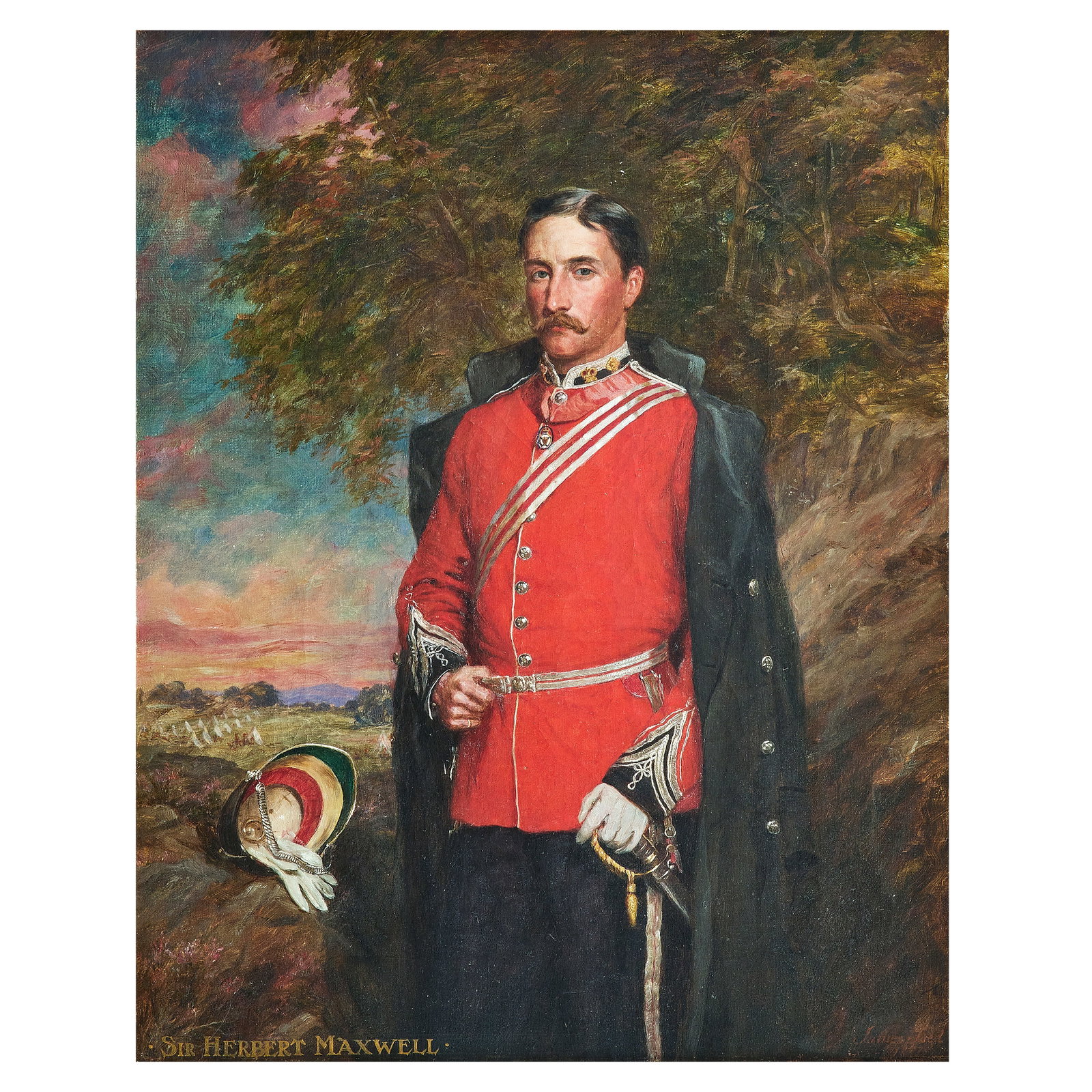 James Faed (British, 1821-1911) Portrait of the Rt. Hon. Sir Herbert Maxwell, 7th Bt. of Monreit...: James Faed (British, 1821-1911) Portrait of the Rt. Hon. Sir Herbert Maxwell, 7th Bt. of Monreith, KT, PC, JP, DL, FRS, FSA Scot, FRGS (1845-1937), three-quarter length, in uniform, in a landscape, an
