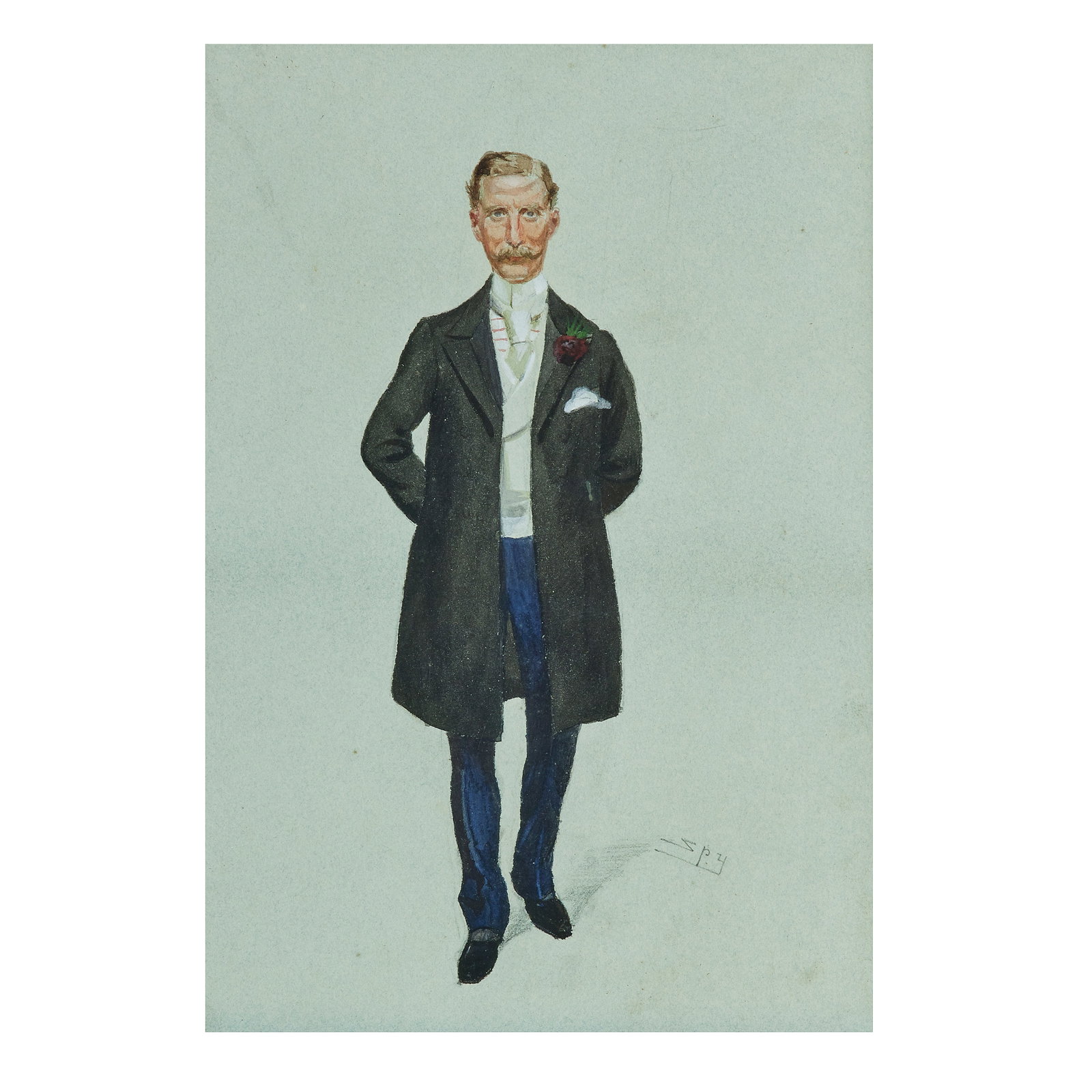 Leslie Matthew Ward (SPY) (British, 1851-1922) Portrait of the Rt. Hon. Sir Herbert Maxwell, 7th...: Leslie Matthew Ward (SPY) (British, 1851-1922) Portrait of the Rt. Hon. Sir Herbert Maxwell, 7th Bt. of Monreith, KT, PC, JP, DL, FRS, FSA Scot, FRGS (1845-1937), full length, wearing a three-quarter 