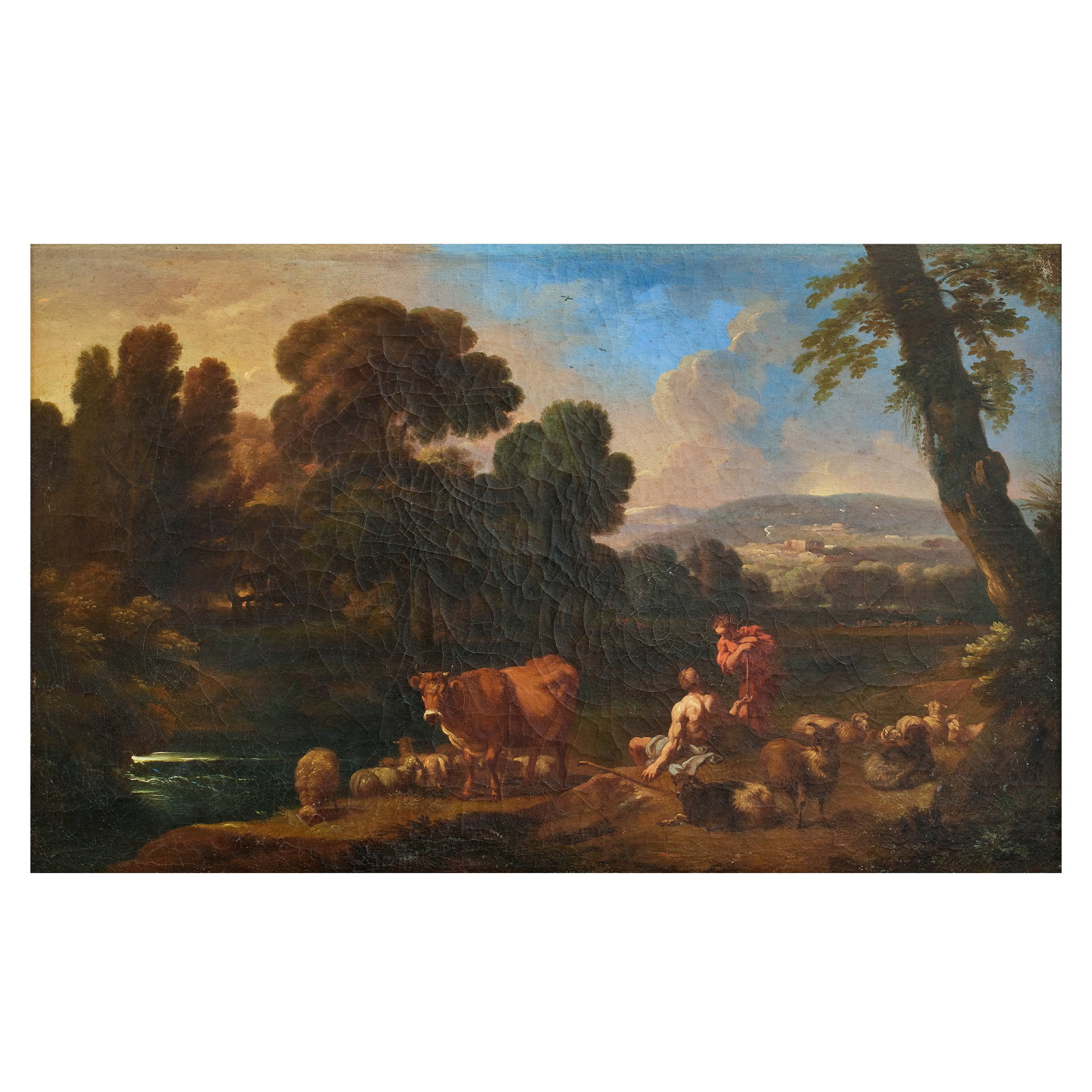 Follower of Andrea Locatelli (Rome 1693-circa 1741) Herders resting with their animals by a rive...: Follower of Andrea Locatelli (Rome 1693-circa 1741) Herders resting with their animals by a river, before an extensive landscape oil on canvas 35.5 x 56.7cm (14 x 22 5/16in). For further information o