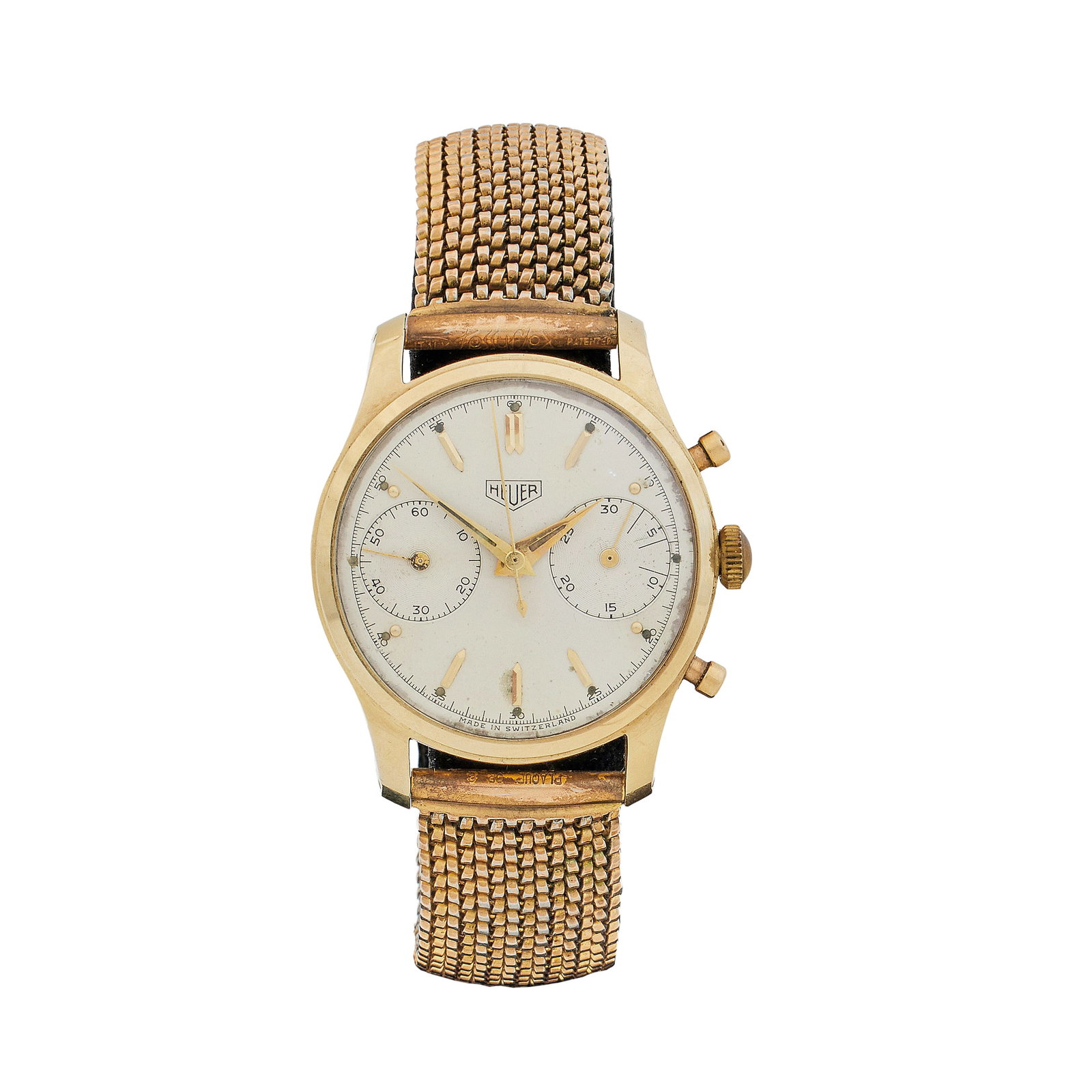 Heuer. A 14K gold manual wind chronograph wristwatchRef: 416, Early 1960s: Heuer. A 14K gold manual wind chronograph wristwatch Reference: 416 Date: Early 1960s Movement: Valjoux signed Ed Heuer & Co SA, No. 412718 Dial: White, applied gilt baton hour markers, subsidiary dia
