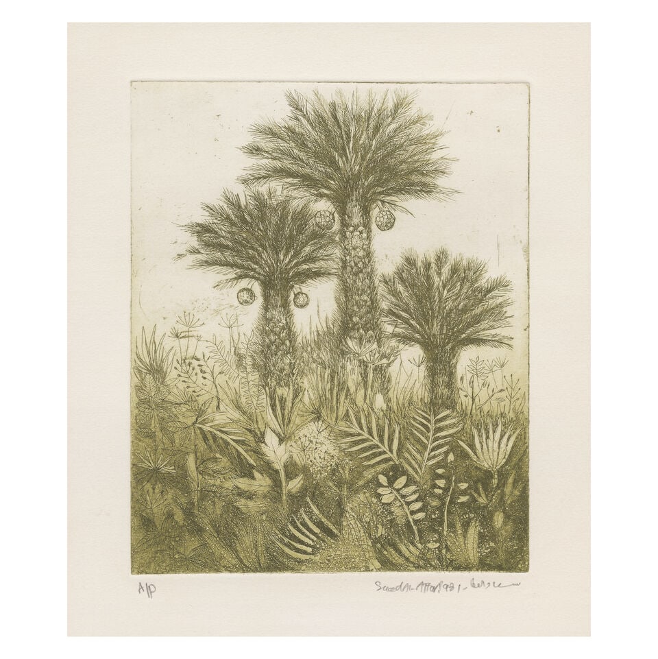 Suad Al Attar (Iraq, born 1942) Palm Trees: Suad Al Attar (Iraq, born 1942) Palm Trees lithograph (artist proof), framed signed 'Suad Al Attar' in English and Arabic and dated '1998' (lower right), inscribed 'A/P' (lower left), executed in 1998