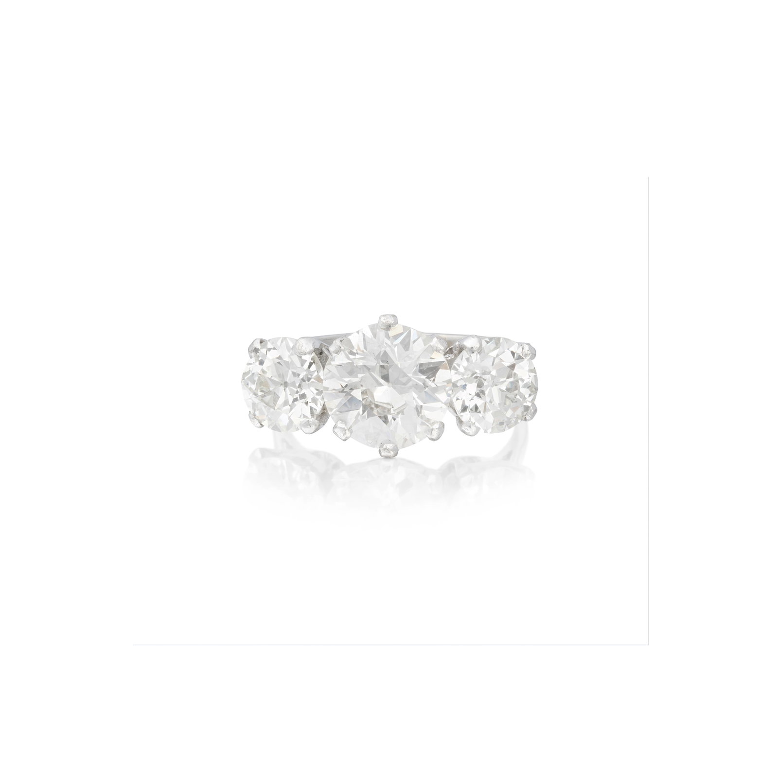 DIAMOND THREE-STONE RING: DIAMOND THREE-STONE RING The principal old brilliant-cut diamond weighing 2.79 carats, between similarly-cut diamonds weighing 1.42 carats and 1.52 carats, ring size approx. M½ Footnotes: A Priva
