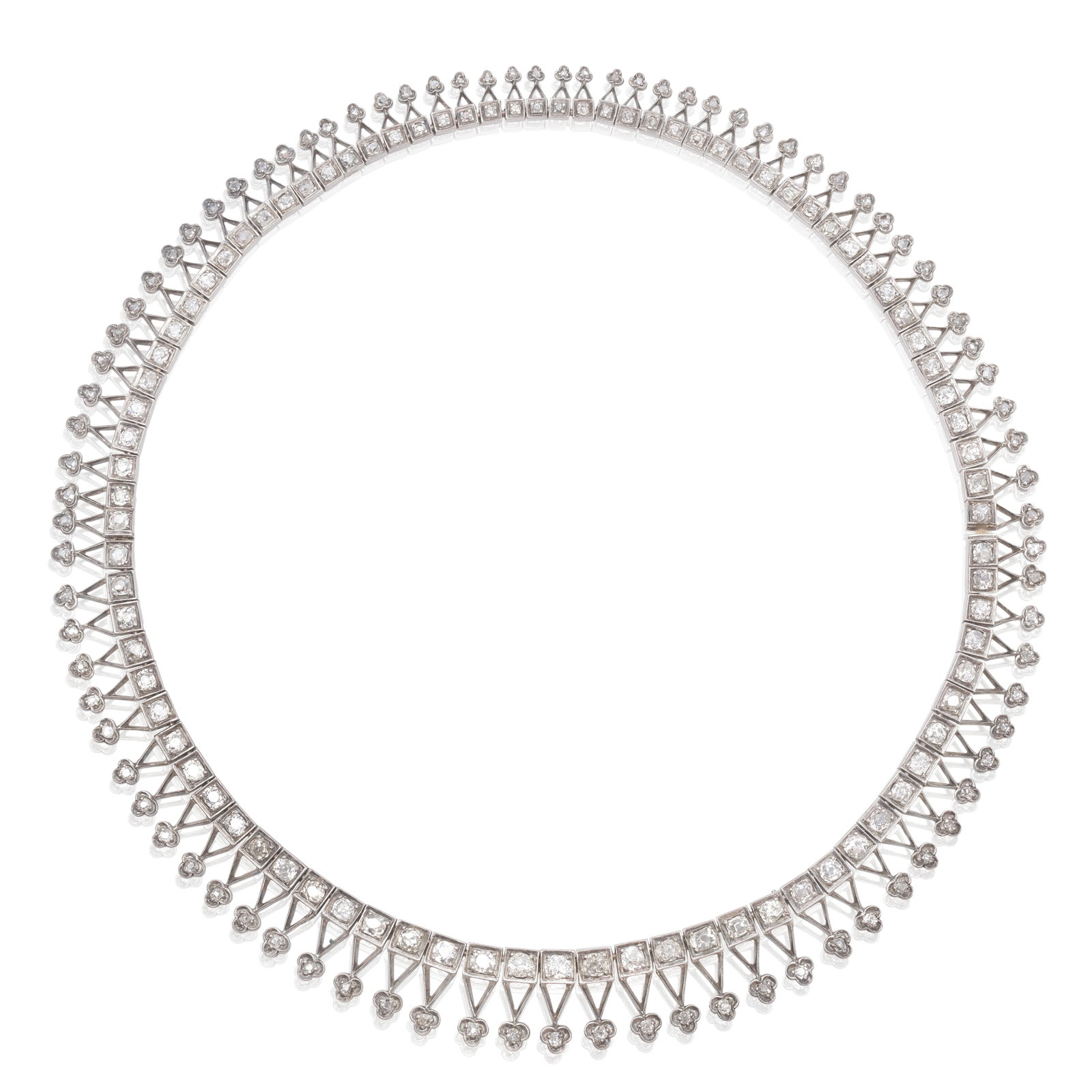DIAMOND FRINGE NECKLACE: DIAMOND FRINGE NECKLACE Each box-collet link set with an old single-cut diamond, each with a trefoil accent set with a rose-cut diamond, diamonds approx. 11.90cts total, length 43.0cm Footnotes: A Pri