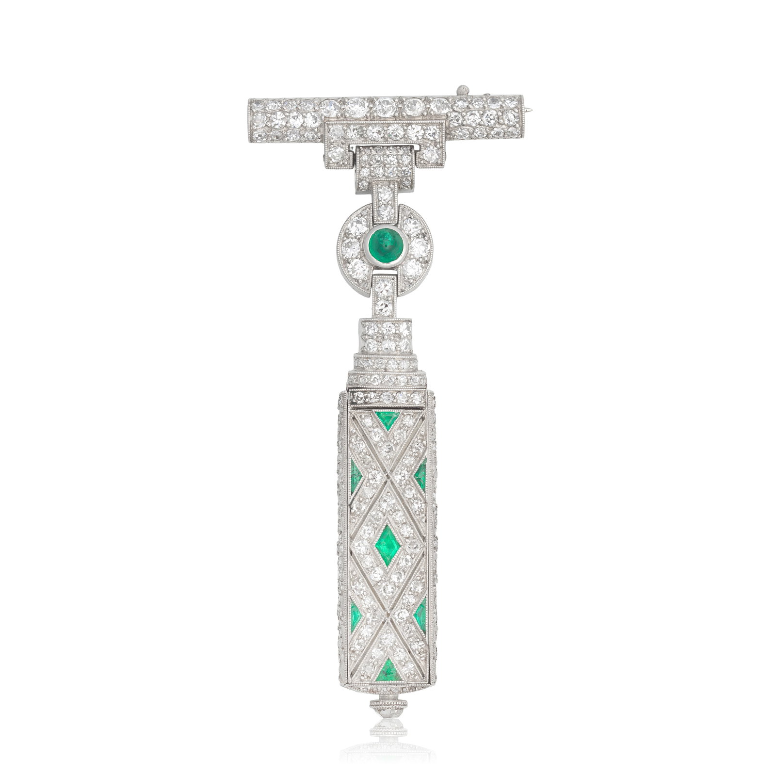 EMERALD AND DIAMOND FOB WATCH, CIRCA 1920: EMERALD AND DIAMOND FOB WATCH, CIRCA 1920 Of swivel design, set with calibré-cut emeralds and single-cut diamonds, the top set with an emerald cabochon and old brilliant-cut diamonds, diamonds ap