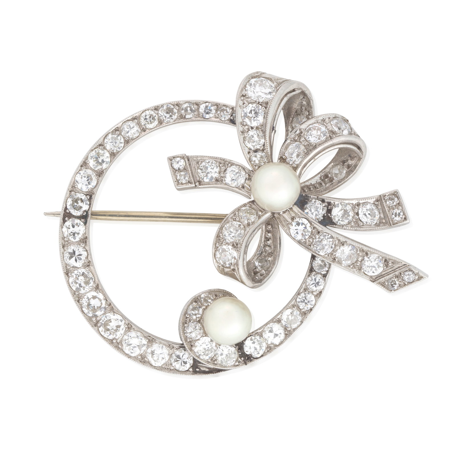 CULTURED PEARL AND DIAMOND BROOCH, CIRCA 1940: CULTURED PEARL AND DIAMOND BROOCH, CIRCA 1940 Of annular design, set with old single and brilliant-cut diamonds, accented by a bow motif set with similarly-cut diamonds and a cultured pearl, diamonds 