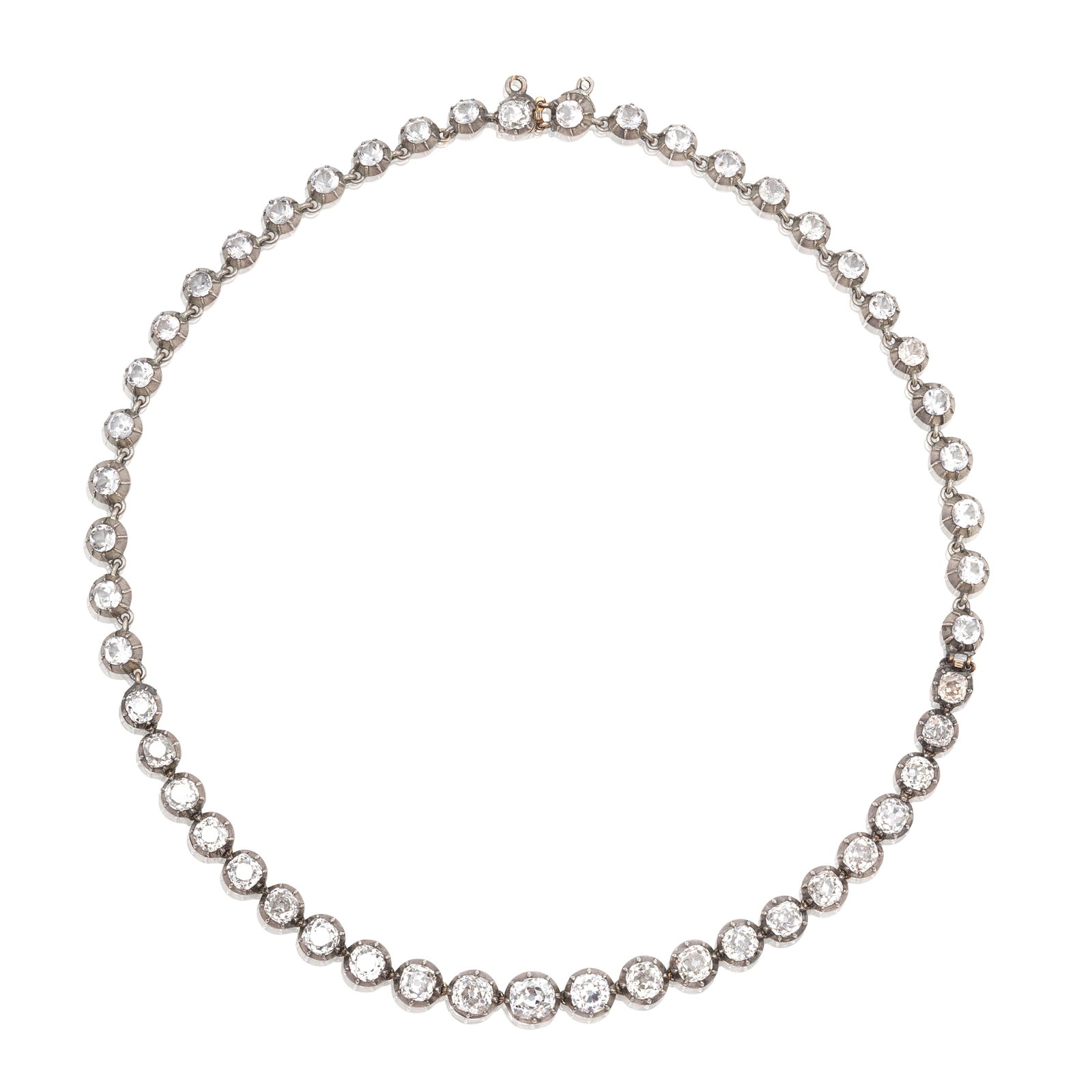 DIAMOND AND PASTE RIVIÈRE NECKLACE: DIAMOND AND PASTE RIVIÈRE NECKLACE Set to the front with old cushion-cut diamonds graduating in size towards the centre, the backchain set with cushion-cut paste, diamonds very approx. 11.45cts t