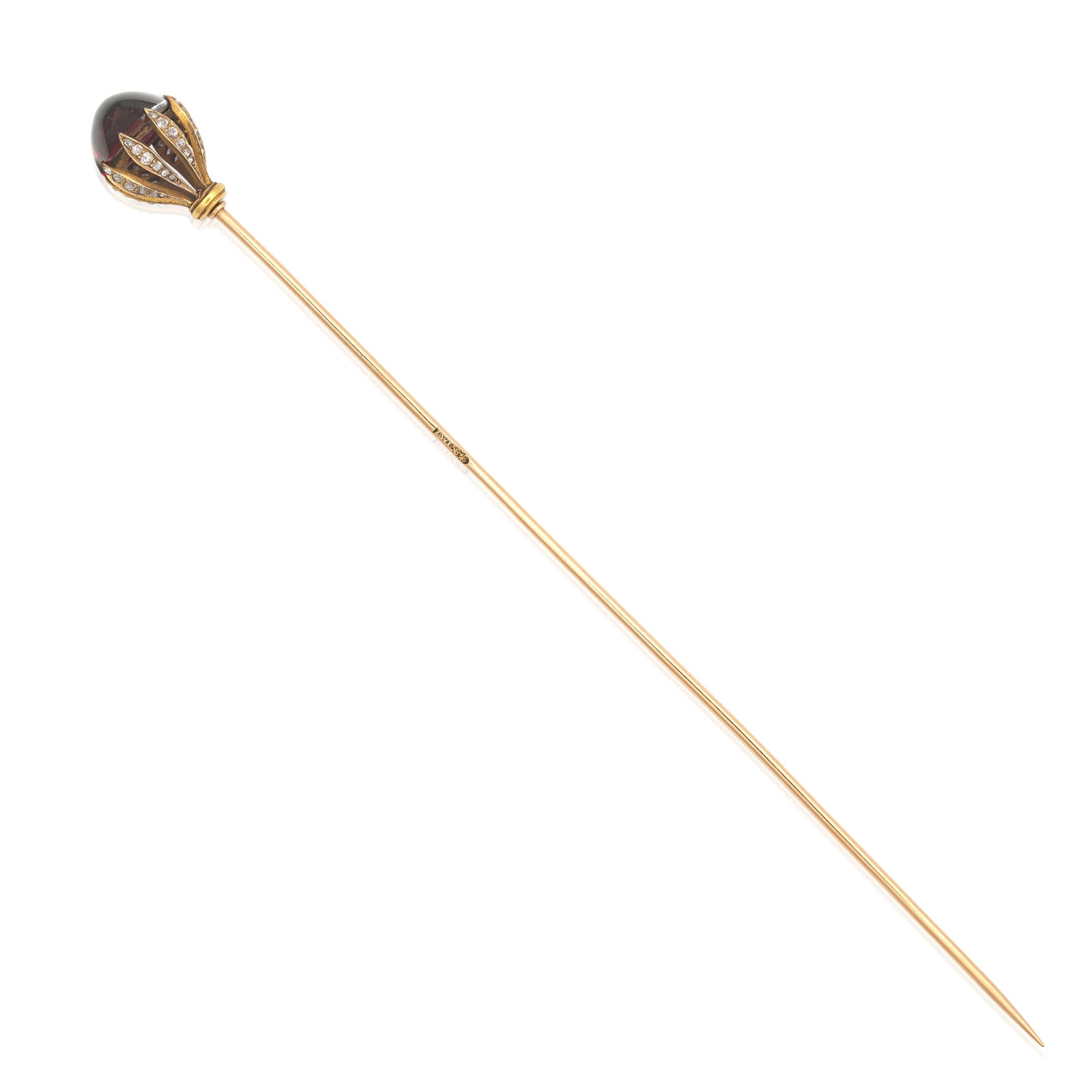 GARNET AND DIAMOND HAT PIN, CIRCA 1895: GARNET AND DIAMOND HAT PIN, CIRCA 1895 Terminating in a garnet cabochon, the claws set with rose-cut diamonds, workmaster's mark A.W, length 15.7cm Footnotes: A Private Family Legacy Lots 1 - 52 For f