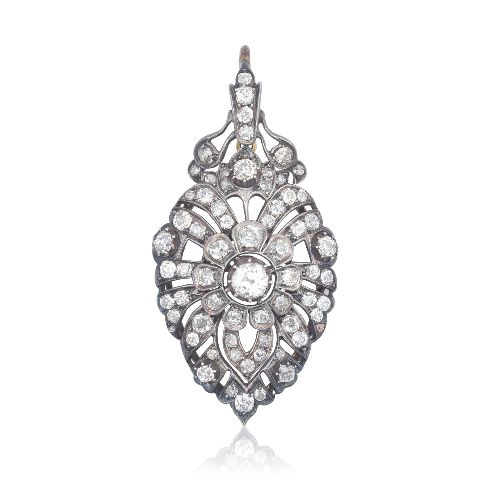 DIAMOND PENDANT, CIRCA 1890: DIAMOND PENDANT, CIRCA 1890 Designed as a stylised openwork leaf, centred by a flower cluster motif, set throughout with old cushion-cut diamonds, mounted in silver and gold, diamonds approx. 5.90cts 