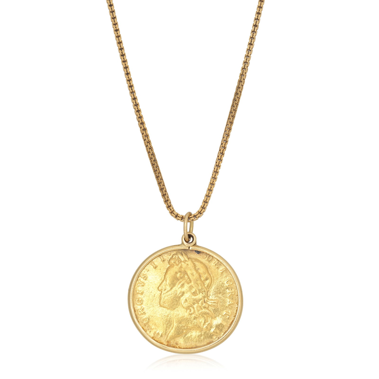 GOLD 'GUINEA' COIN PENDANT/NECKLACE: GOLD 'GUINEA' COIN PENDANT/NECKLACE The George II coin dated 1731 within a rubover setting, suspended from a box-link chain, chain length 104.5cm, pendant length 3.1cm Footnotes: A Private Family Lega