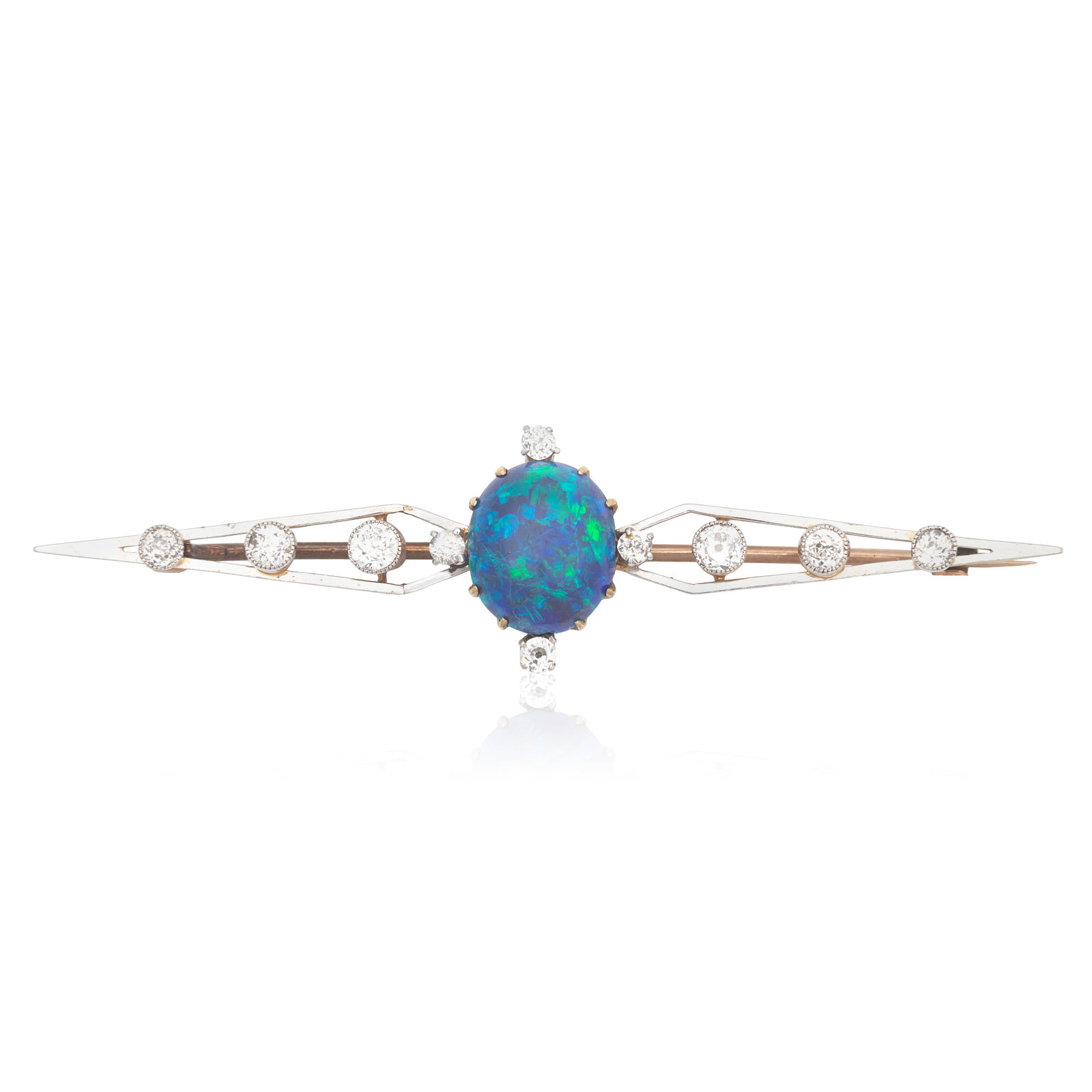 OPAL AND DIAMOND BROOCH, CIRCA 1920: OPAL AND DIAMOND BROOCH, CIRCA 1920 The opal cabochon accented to each cardinal point with an old brilliant-cut diamond, between openwork kite-shaped shoulders set with similarly-cut diamonds, diamond