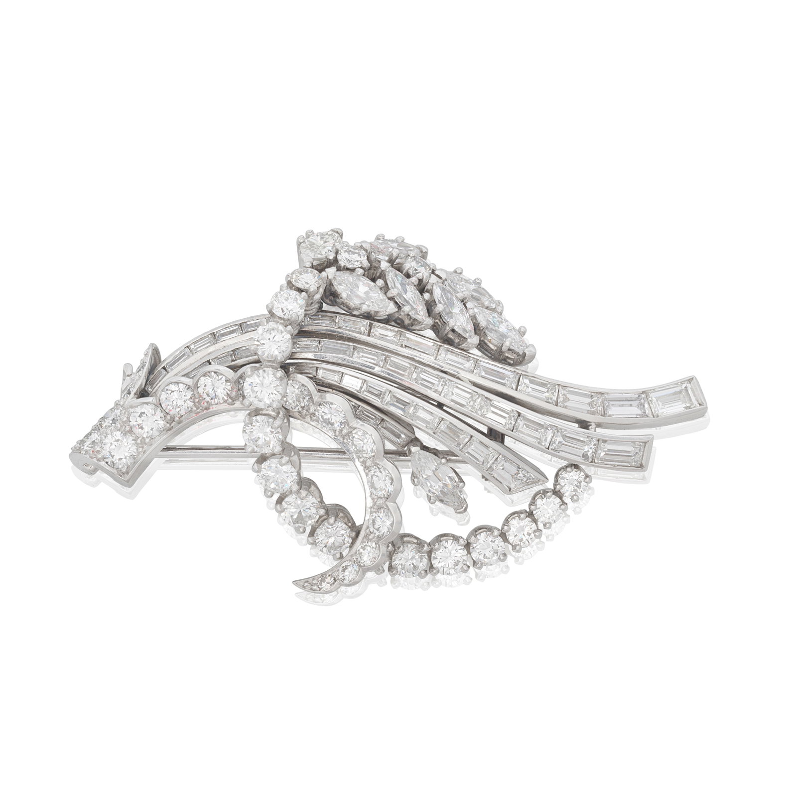 ASPREY: DIAMOND-SET BROOCH: ASPREY: DIAMOND-SET BROOCH Of spray design with foliate accents, set throughout with marquise, brilliant and baguette-cut diamonds, signed Asprey, diamonds approx. 4.65cts total, length 5.4cm Footnote
