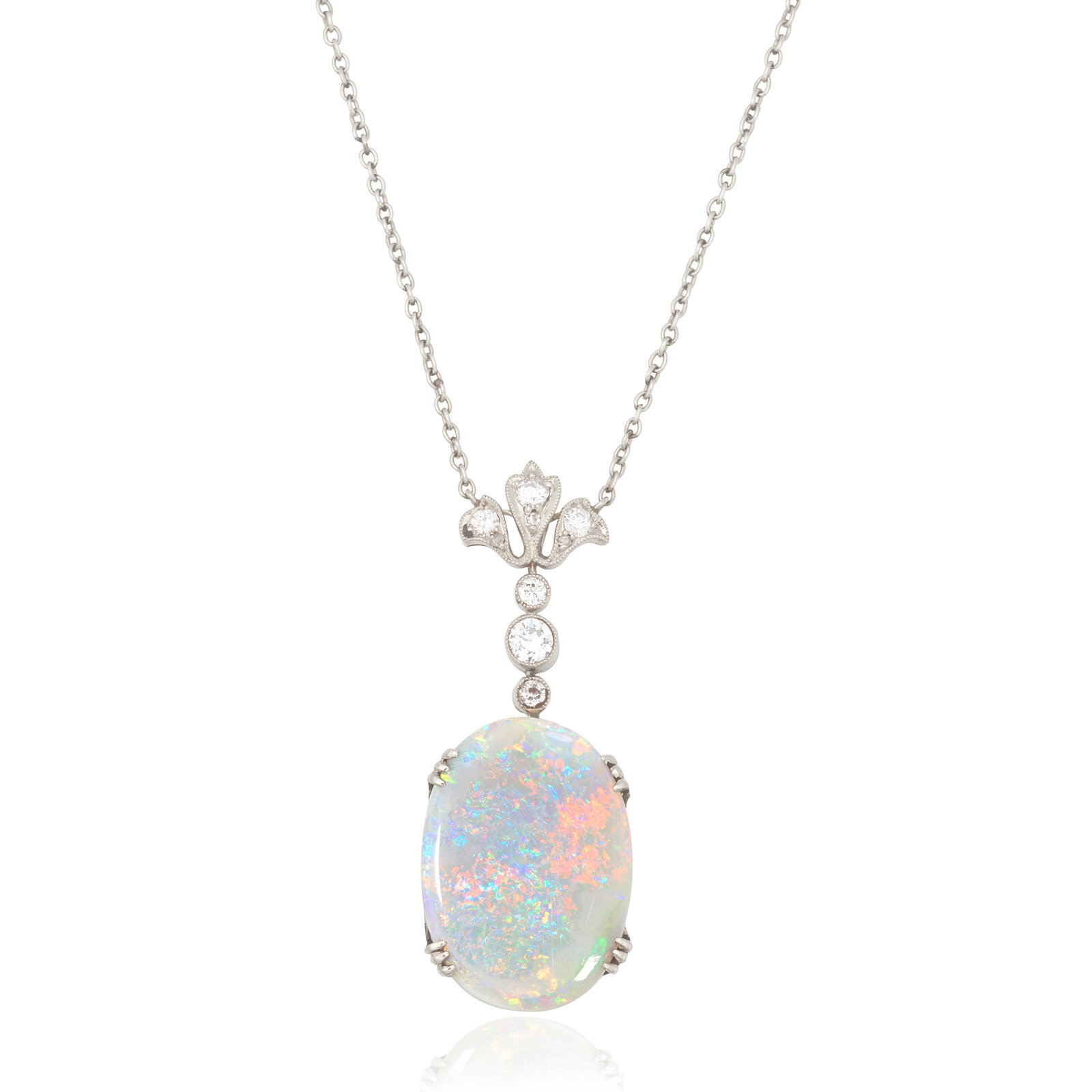 OPAL AND DIAMOND PENDANT/NECKLACE, CIRCA 1915: OPAL AND DIAMOND PENDANT/NECKLACE, CIRCA 1915 The opal cabochon to a millegrain set surmount set with old brilliant-cut diamonds, suspended from a trace-link chain, pendant length 3.5cm, necklace leng