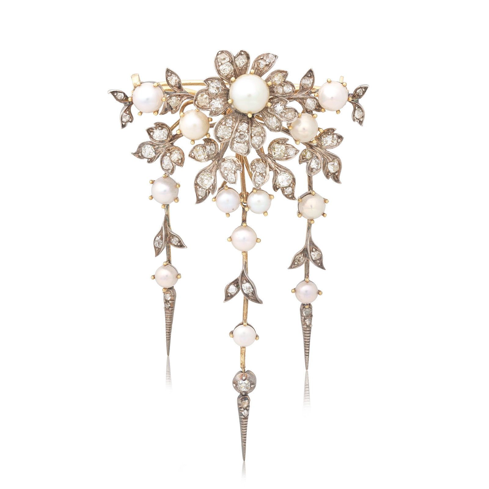 PEARL AND DIAMOND TRIPLE DROP BROOCH, CIRCA 1880: PEARL AND DIAMOND TRIPLE DROP BROOCH, CIRCA 1880 Of floral and foliate design, the old brilliant and single-cut petals and leaves, accented by half pearls, issuing similarly-set articulated drops, mou