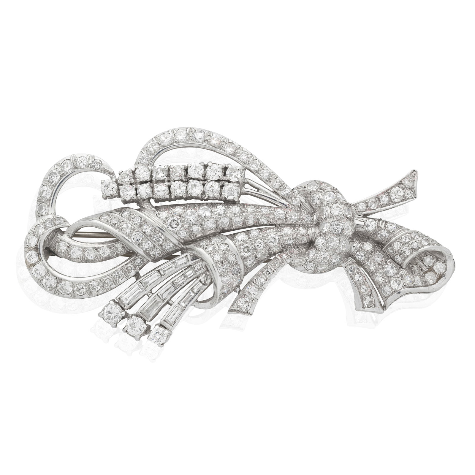 DIAMOND SPRAY BROOCH: DIAMOND SPRAY BROOCH Designed as a bouquet of stylised cornucopias and foliate accents, set throughout with old brilliant, single and baguette-cut diamonds, diamonds approx. 8.25cts total, length 8.1c