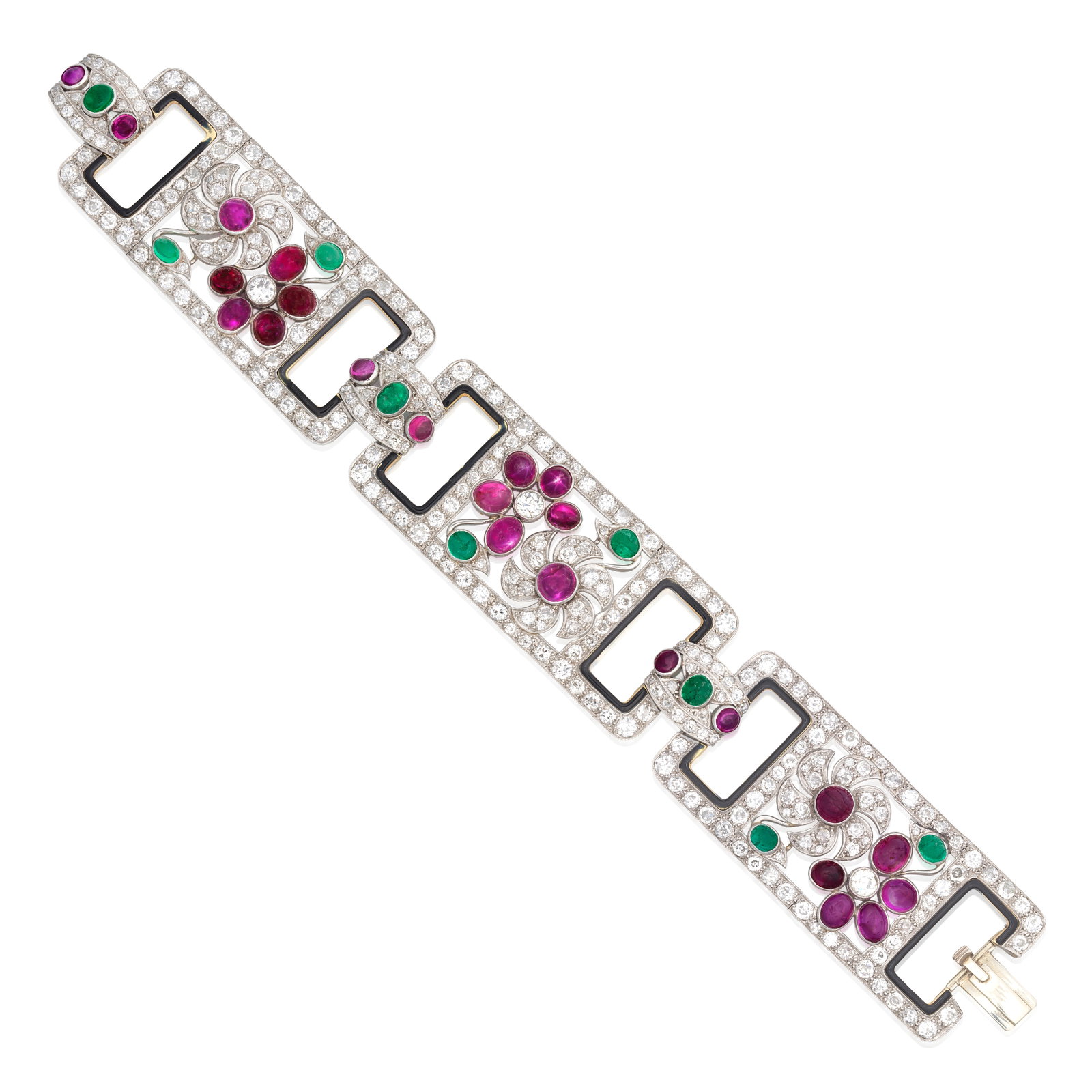 DIAMOND, RUBY AND EMERALD-SET BRACELET, CIRCA 1925: DIAMOND, RUBY AND EMERALD-SET BRACELET, CIRCA 1925 Comprising three openwork plaques with floral motifs, set throughout with old brilliant-cut diamonds, ruby and emerald cabochons with enamel accents,