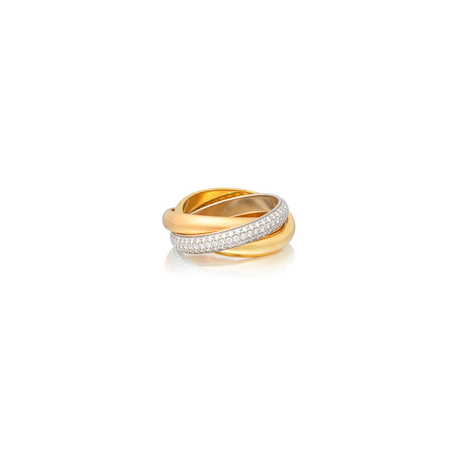 CARTIER: DIAMOND-SET 'TRINITY' RING: CARTIER: DIAMOND-SET 'TRINITY' RING Designed as three tri-coloured interlocking bands, one pavé-set with brilliant-cut diamonds, signed Cartier, numbered NU0951, workshop mark, diamonds approx. 1