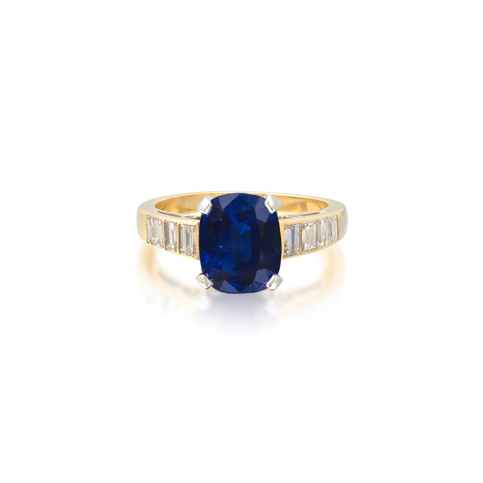 SAPPHIRE AND DIAMOND RING: SAPPHIRE AND DIAMOND RING The cushion-cut sapphire between tapering shoulders of baguette-cut diamonds, diamonds approx. 0.50ct total, ring size approx. L½ Footnotes: GCS: Basaltic deposit with n