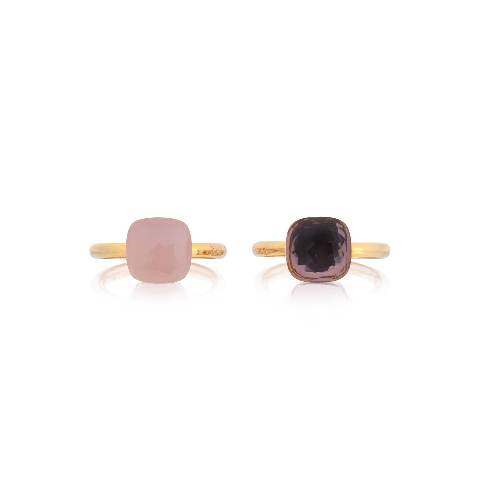 POMELLATO: TWO GEM-SET 'NUDO' RINGS: POMELLATO: TWO GEM-SET 'NUDO' RINGS 1st: Set with a fancy-cut smoky quartz, mounted in 18 carat gold, 2nd: set with a fancy-cut rose-quartz, mounted in 18 carat gold, 1st: signed Pomellato, numbered P