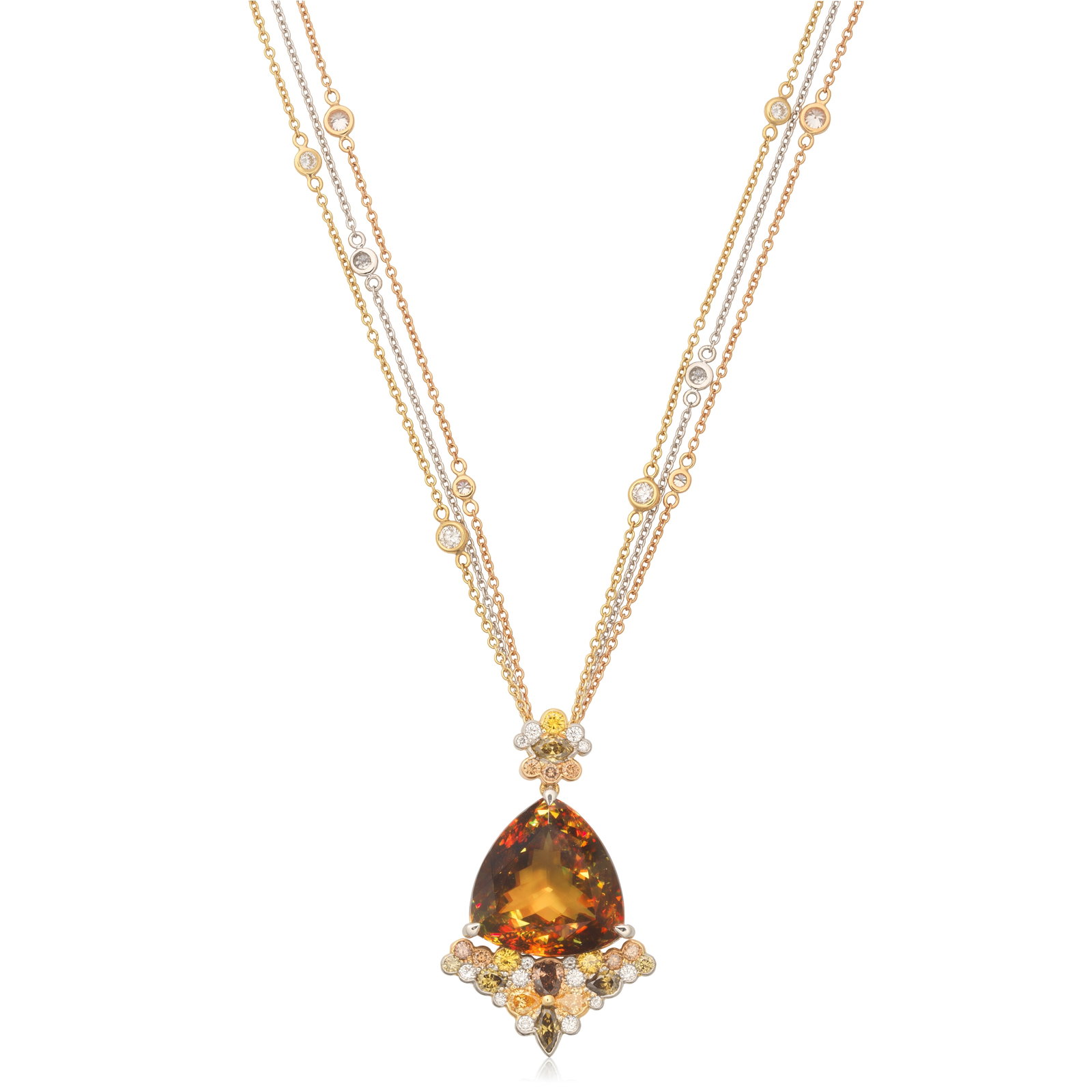 ANNE BAILEY: SPHENE, COLOURED DIAMOND AND DIAMOND PENDANT/NECKLACE: ANNE BAILEY: SPHENE, COLOURED DIAMOND AND DIAMOND PENDANT/NECKLACE The fancy-cut sphene weighing 20.69 carats between clusters of vari-cut diamonds of brown, green and yellow tint and brilliant-cut di