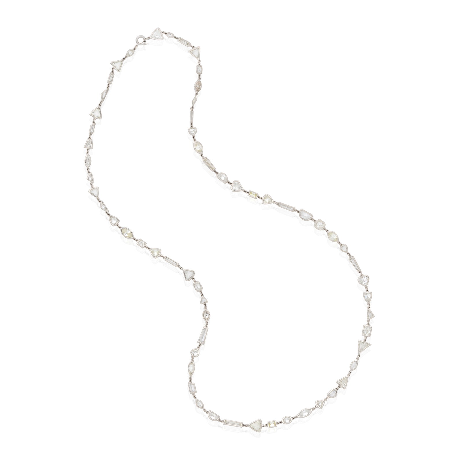 DIAMOND NECKLACE: DIAMOND NECKLACE Composed of a series of collet-set vari-cut diamonds, diamonds 18.96cts total, length 62.0cm For further information on this lot please visit Bonhams.com