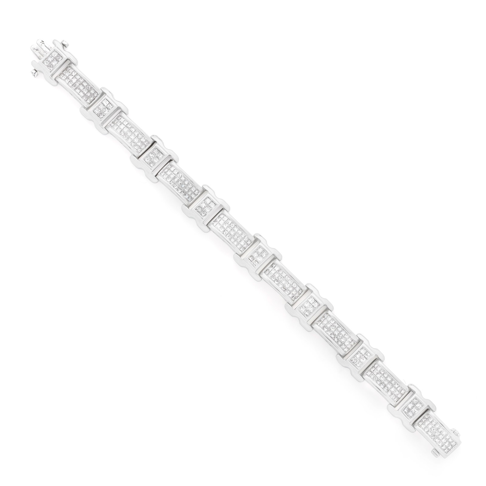 DIAMOND-SET BRACELET: DIAMOND-SET BRACELET Each link set with princess-cut diamonds, mounted in 18 carat white gold, Convention mark, diamonds approx. 8.85cts total, length 18.6cm For further information on this lot