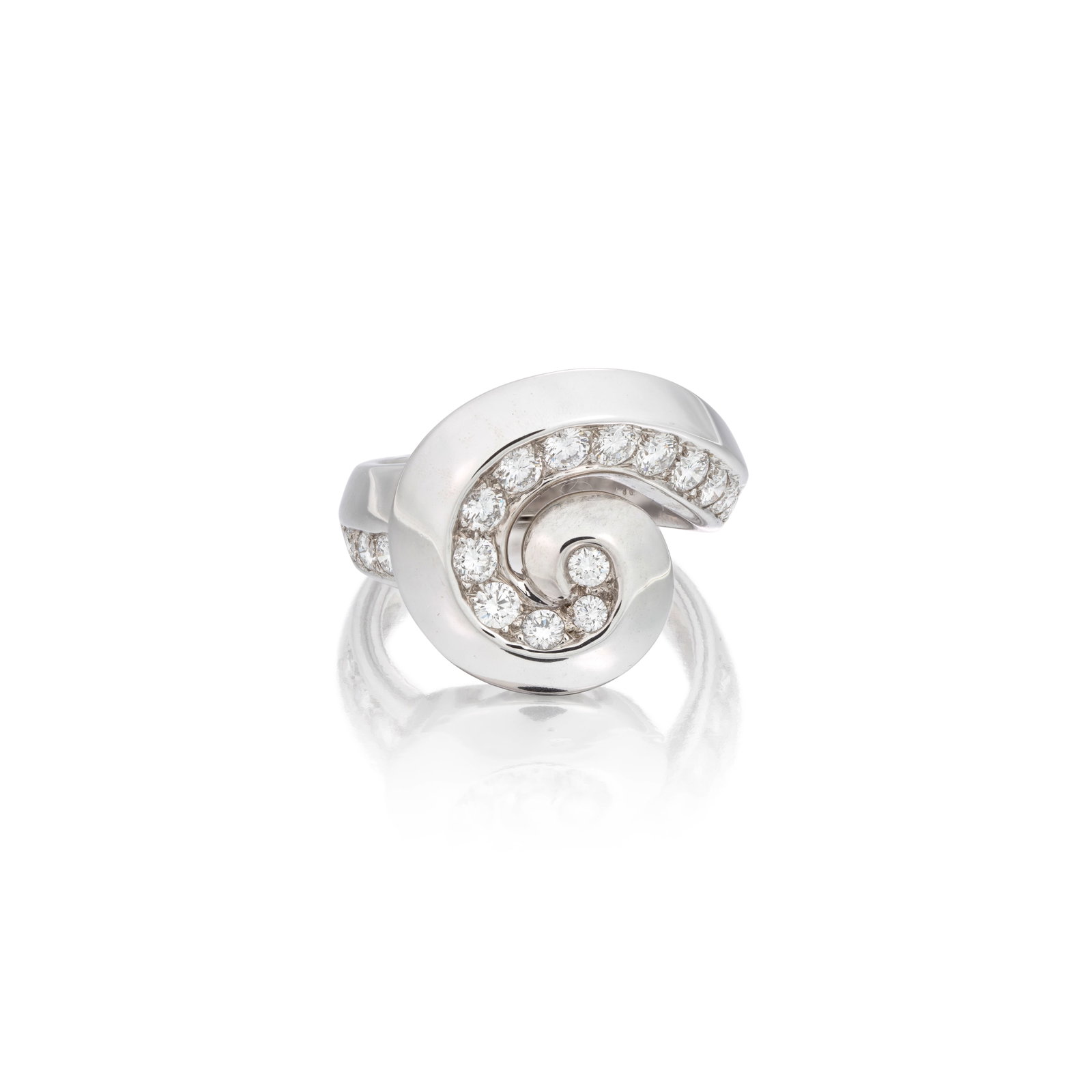 VAN CLEEF & ARPELS: DIAMOND 'SWIRL' RING: VAN CLEEF & ARPELS: DIAMOND 'SWIRL' RING Of spiral design, set with brilliant-cut diamonds, signed VCA, numbered B8034D3, workshop mark, French assay mark, diamonds approx. 0.75ct total, ring size app